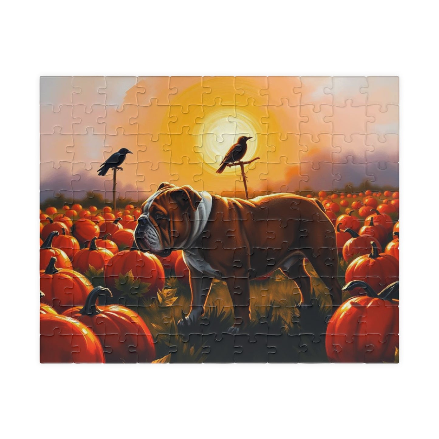 Autumn Bulldog Puzzle, Cozy Family Jigsaw Game for Adults, Perfect for Dog Lovers, Fall Home Entertainment, Creative Gift Idea for Friend 110 pcs (Horizontal) Puzzle The Puzzle Chest