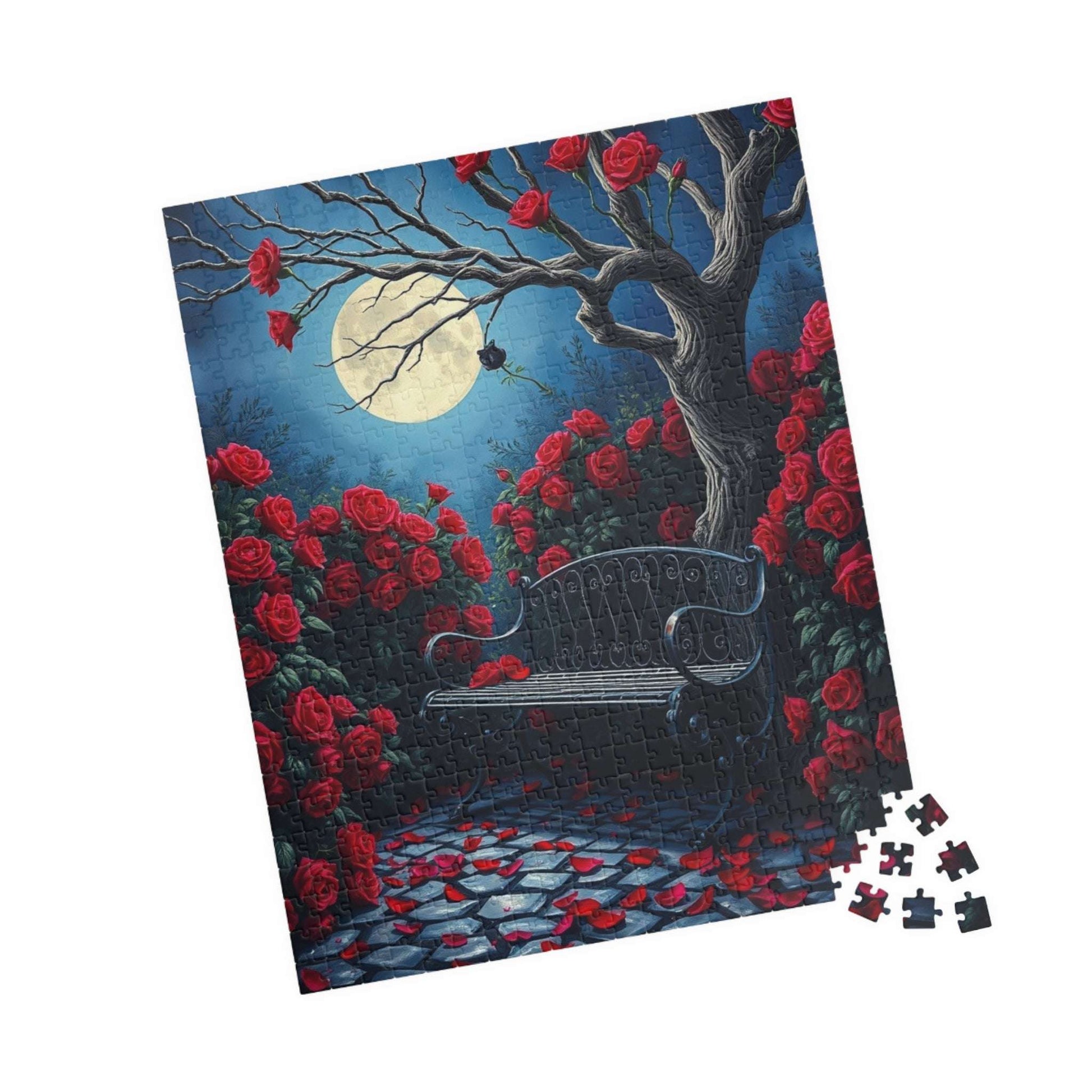 Moonlit Gothic Garden Puzzle, Dark Romantic Fantasy Jigsaw Game, Cobblestone Path Iron Bench and Roses, Relaxing Challenge for Puzzle Lover Puzzle The Puzzle Chest