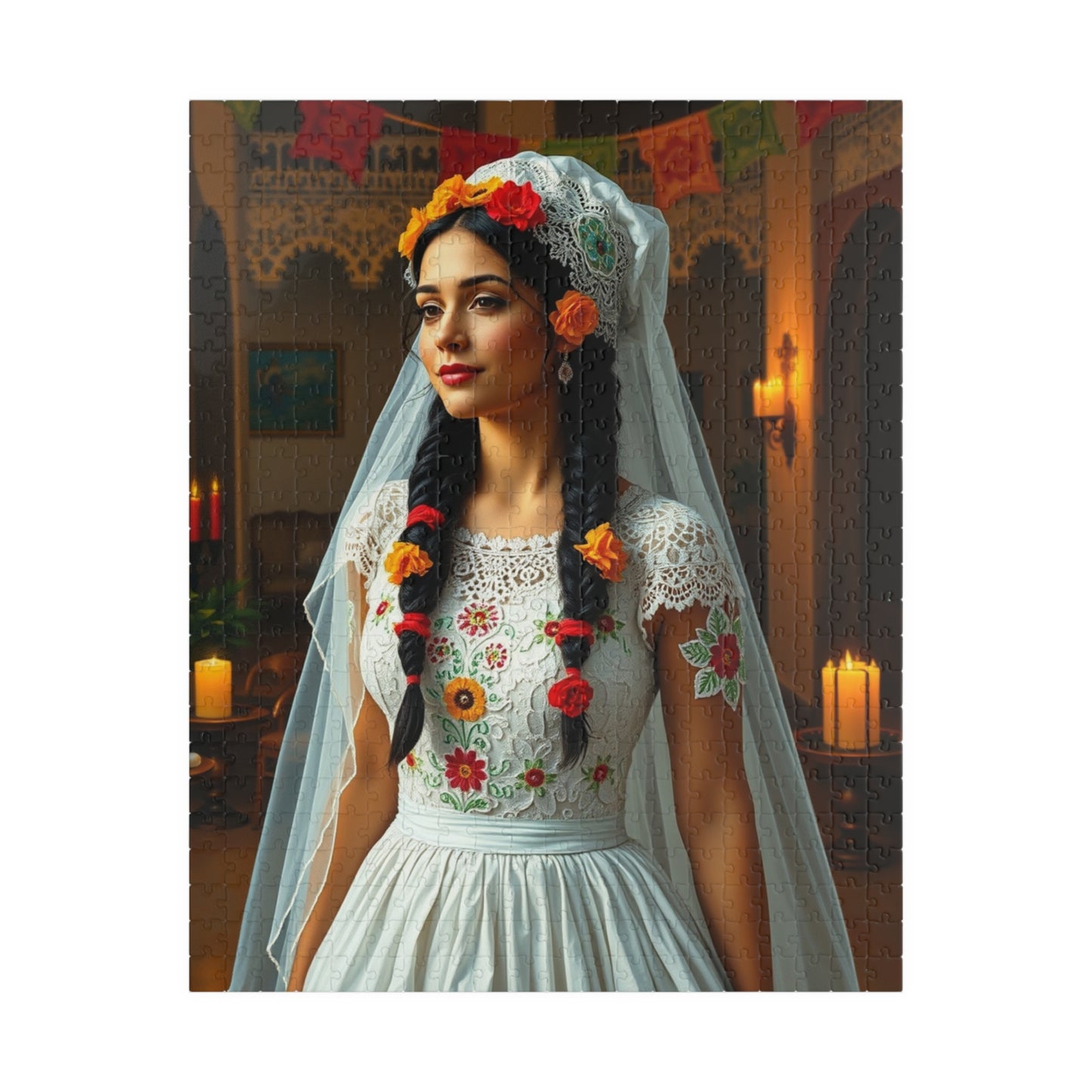 Elegant Mexican Bride Puzzle with Papel Picado Background, Hacienda Courtyard Wedding Jigsaw, Unique Gift for Puzzle Enthusiast Hobbyist 520 pcs (Vertical) Puzzle The Puzzle Chest