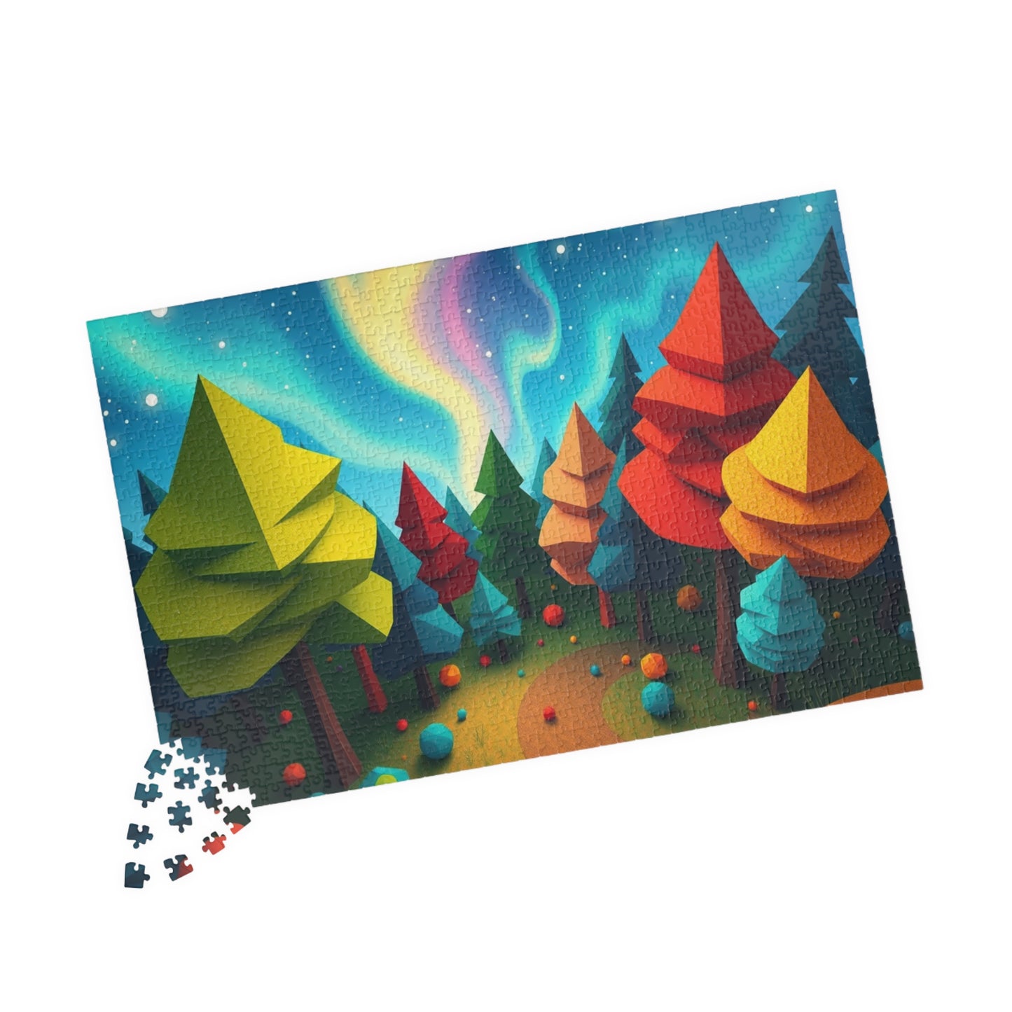 Abstract Landscape Jigsaw Puzzle, Magical Forest with Geometric Trees Aurora Sky, Challenging Game for Mental Exercise, Puzzle Lover Gift Puzzle The Puzzle Chest