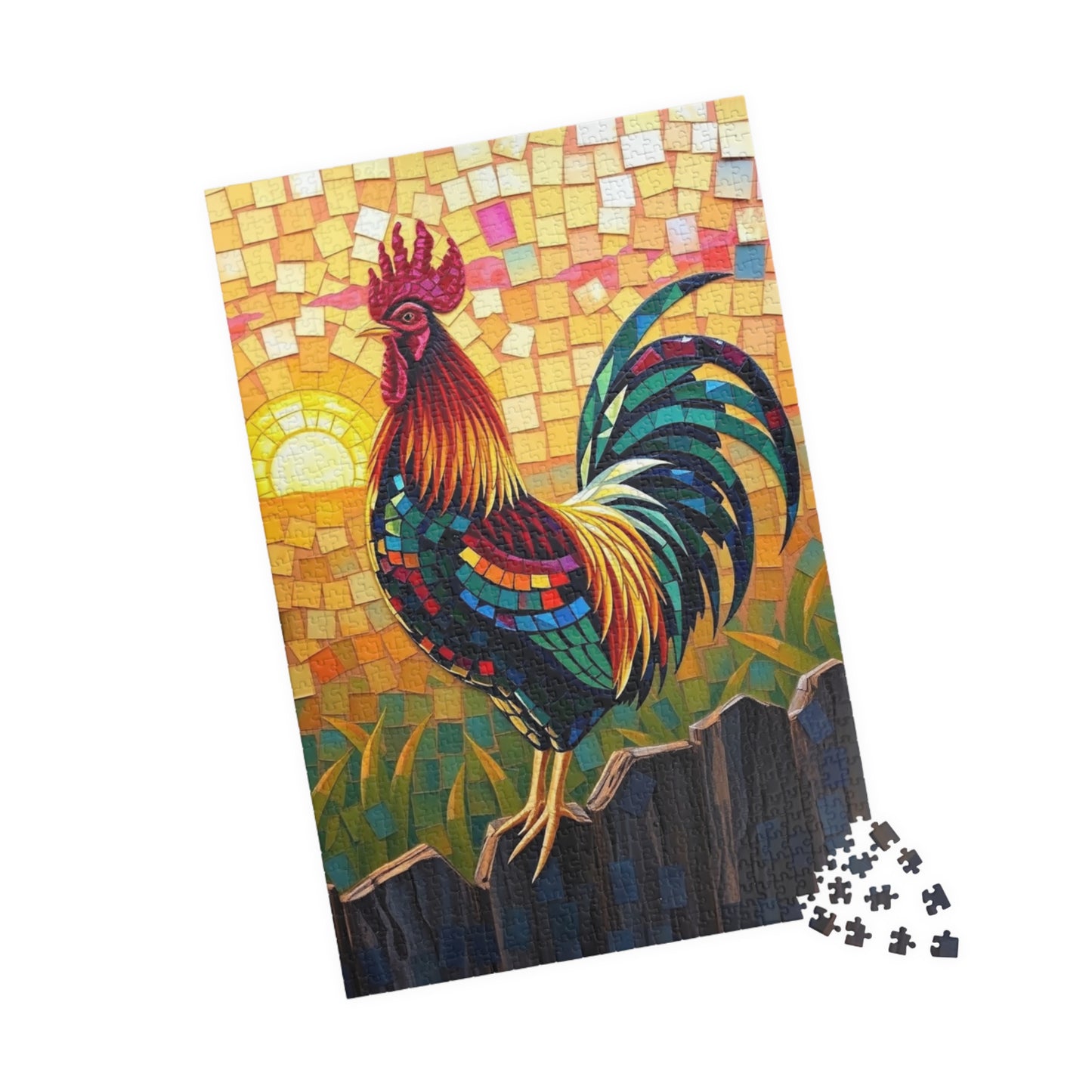 Mosaic Rooster Jigsaw Puzzle, Vibrant Farm Animal Tabletop Game with Sunrise Scene for Adults, Family Game Night, Puzzle Lover Mindful Gift Puzzle The Puzzle Chest