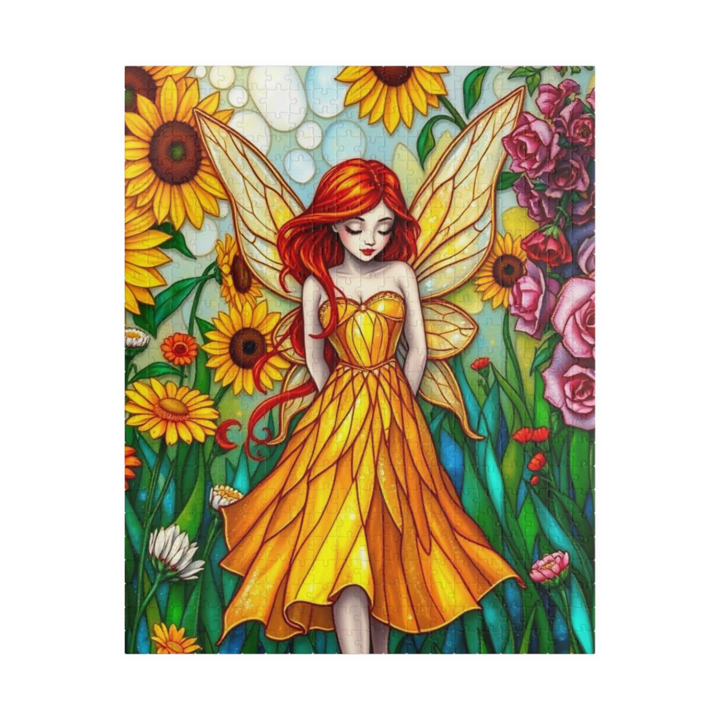 Fairy Sunflower Jigsaw Puzzle - Stained Glass Style, 110/252/520/1014-Piece, Hobby Game, Gift for Fantasy Lover Birthday Holiday