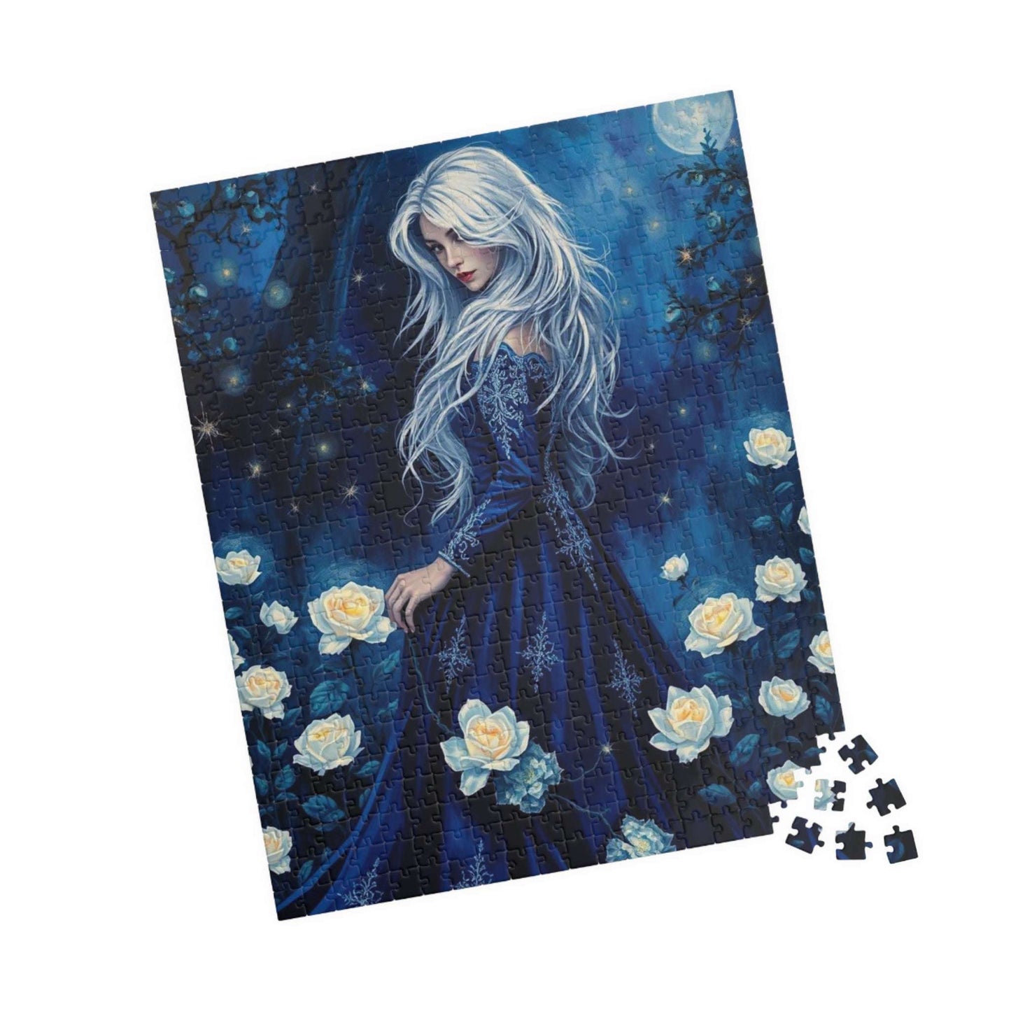 Lady of the Midnight Garden - Moonlit White Rose Jigsaw Puzzle