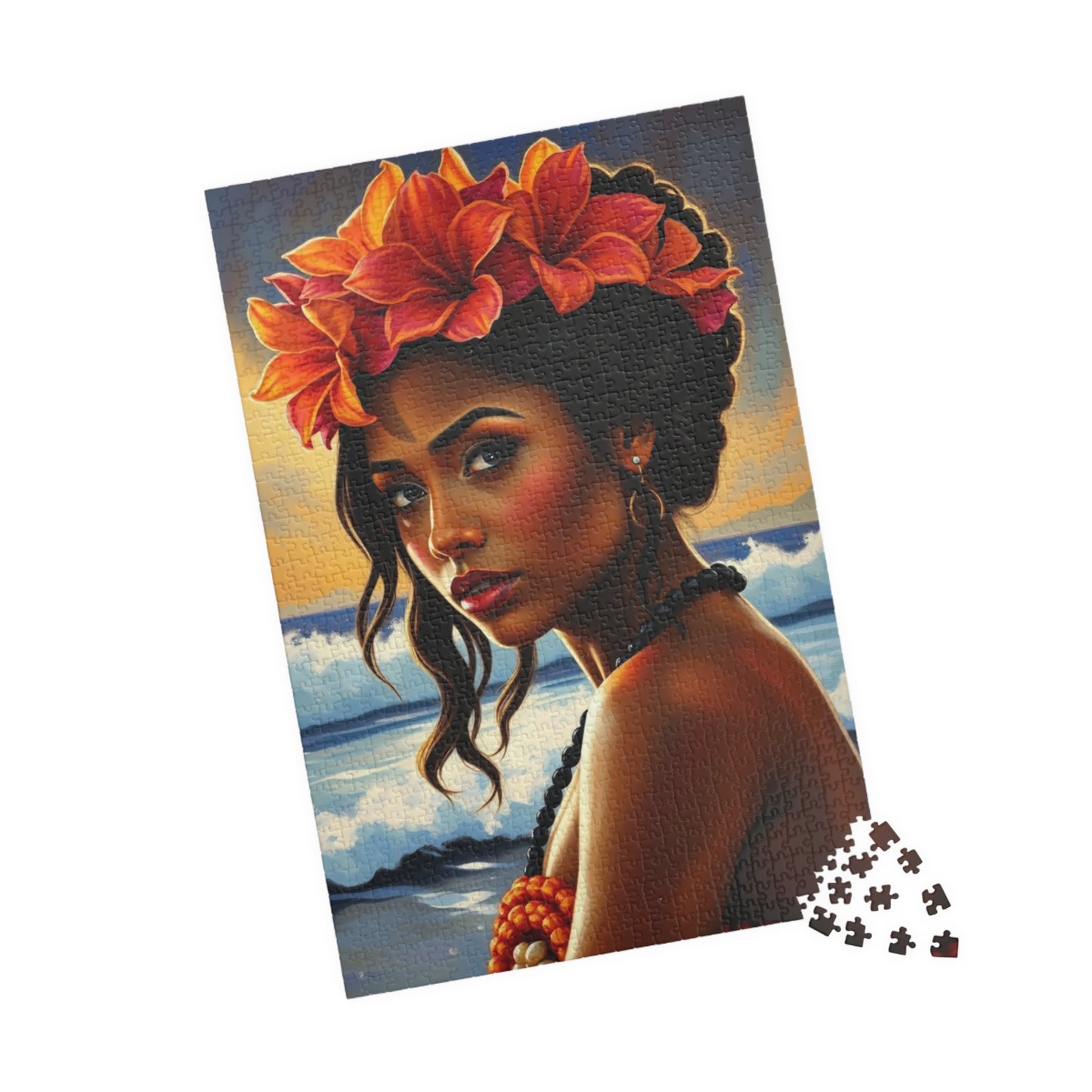 Close-Up Portrait Puzzle of Polynesian Woman, Beach Background Floral Crown Ocean Waves, Cultural Art Family Jigsaw Game, Puzzle Lover Gift Puzzle The Puzzle Chest