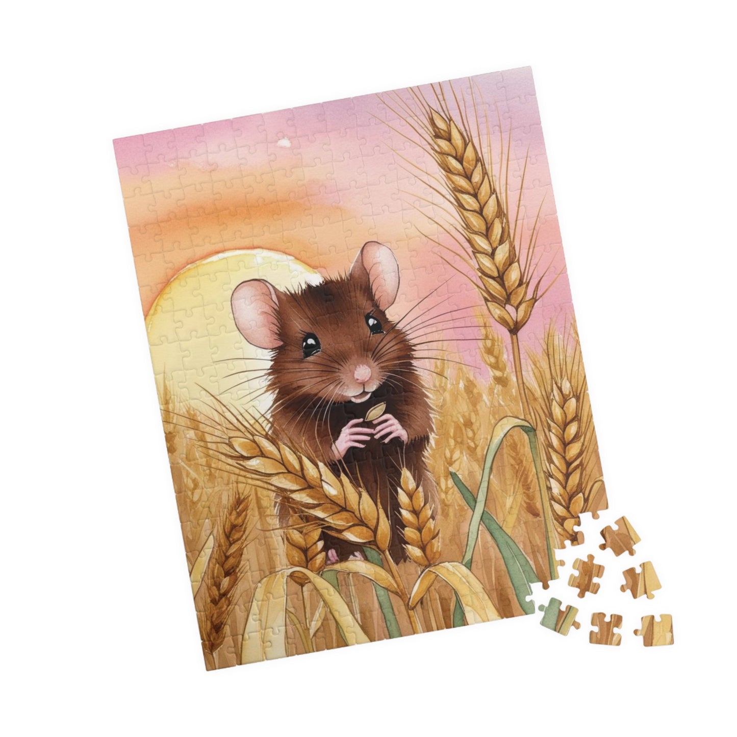 Animal Jigsaw Puzzle Gifted, Cute Mouse in Wheat Field Sunset Art, Animal Lover Brain Teaser Game Family Activity, Relaxing Hobby Enthusiast
