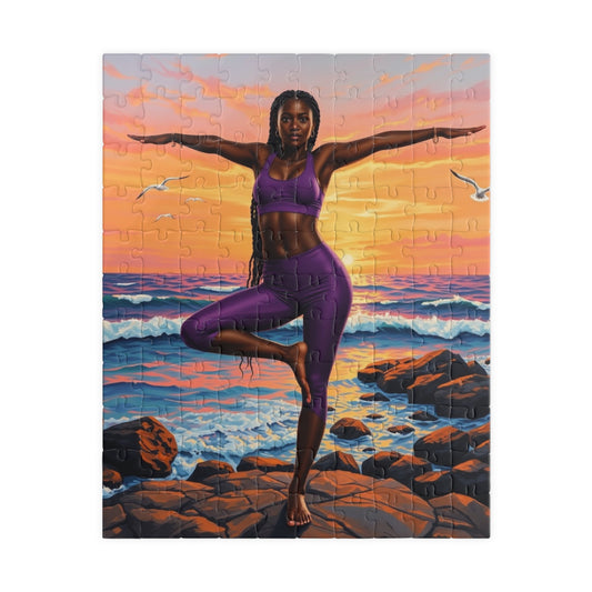 Yoga Sunset Puzzle - 110, 252, 520, 1014-piece African American Woman Beach Scene, Relaxing Gift, Mindfulness Family Activity, Fitness Lover 110 pcs (Vertical) Puzzle The Puzzle Chest