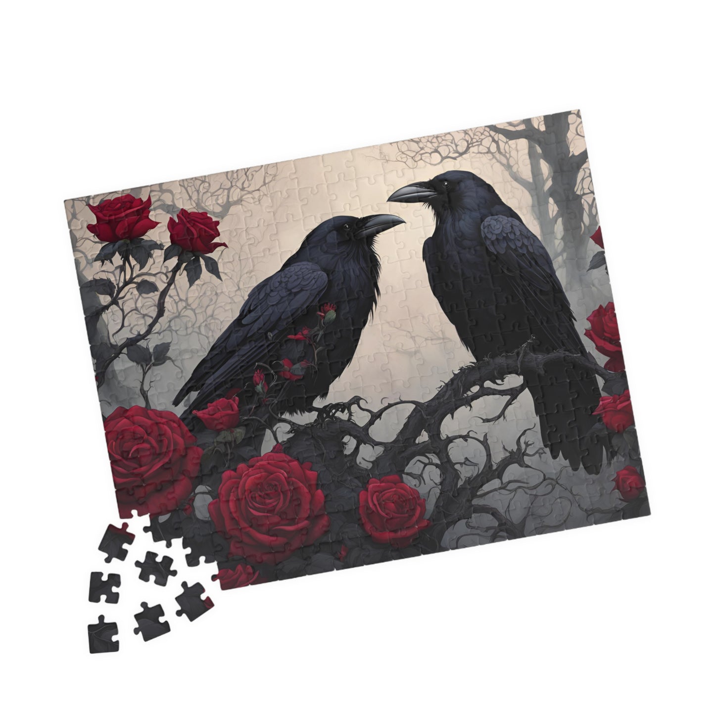 Gothic Raven and Crimson Roses Puzzle, Hauntingly Beautiful Dark Fantasy Art Jigsaw Game, Mind Challenge, Artistic Hobby, Puzzle Lover Gift 252 pcs (Horizontal) Puzzle The Puzzle Chest