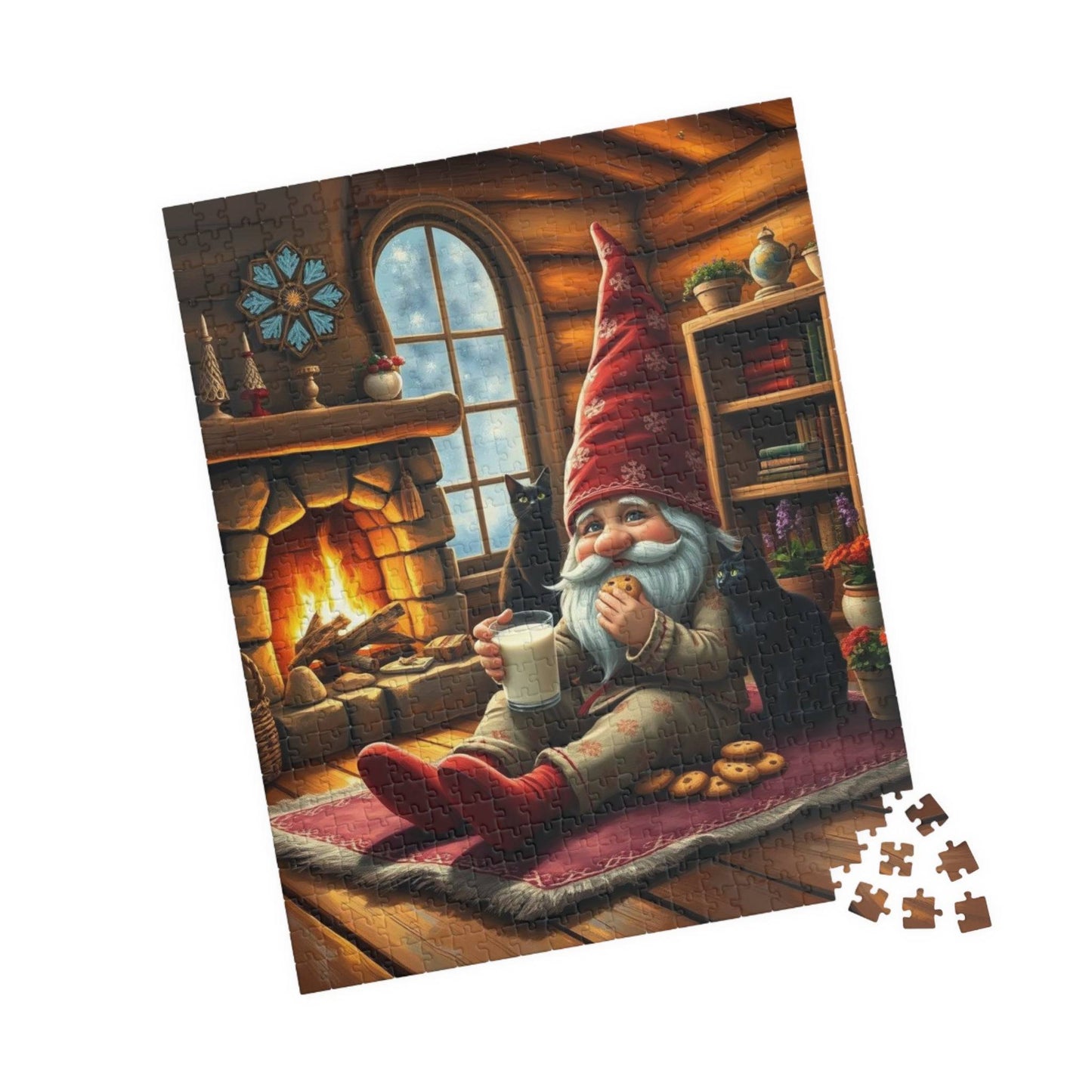Cozy Gnome in Pajamas with Cats – Cottage Hearth Milk and Cookies Bedtime Jigsaw Puzzle 520 pcs (Vertical) Puzzle The Puzzle Chest