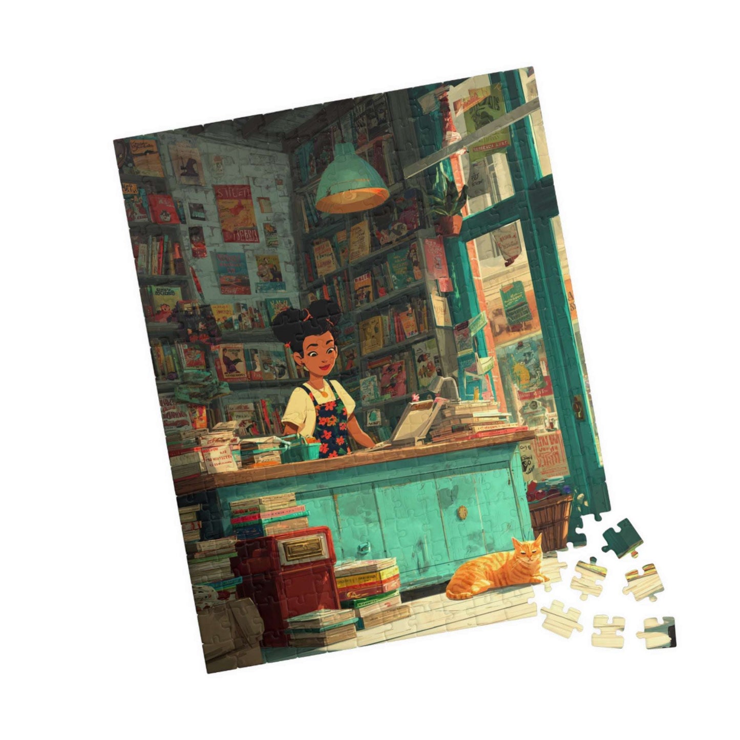 The Bookstore Cat - Whimsical Cartoon Cozy Bookshop Jigsaw Puzzle, Family Activity, Cat Lovers Gift, Perfect for Game Night 252 pcs (Vertical) Puzzle The Puzzle Chest