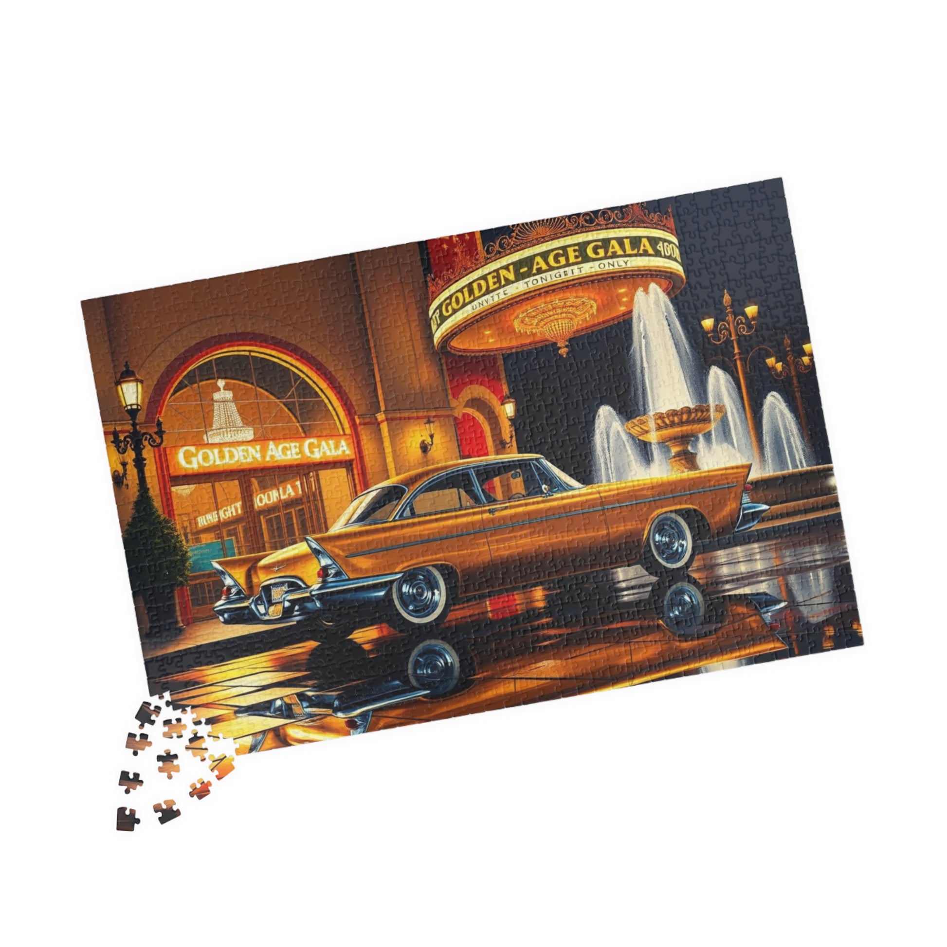 Vintage Car Puzzle - Classic Gold 1957 300C, Retro Vehicle Nighttime Scene Jigsaw Game Puzzle The Puzzle Chest