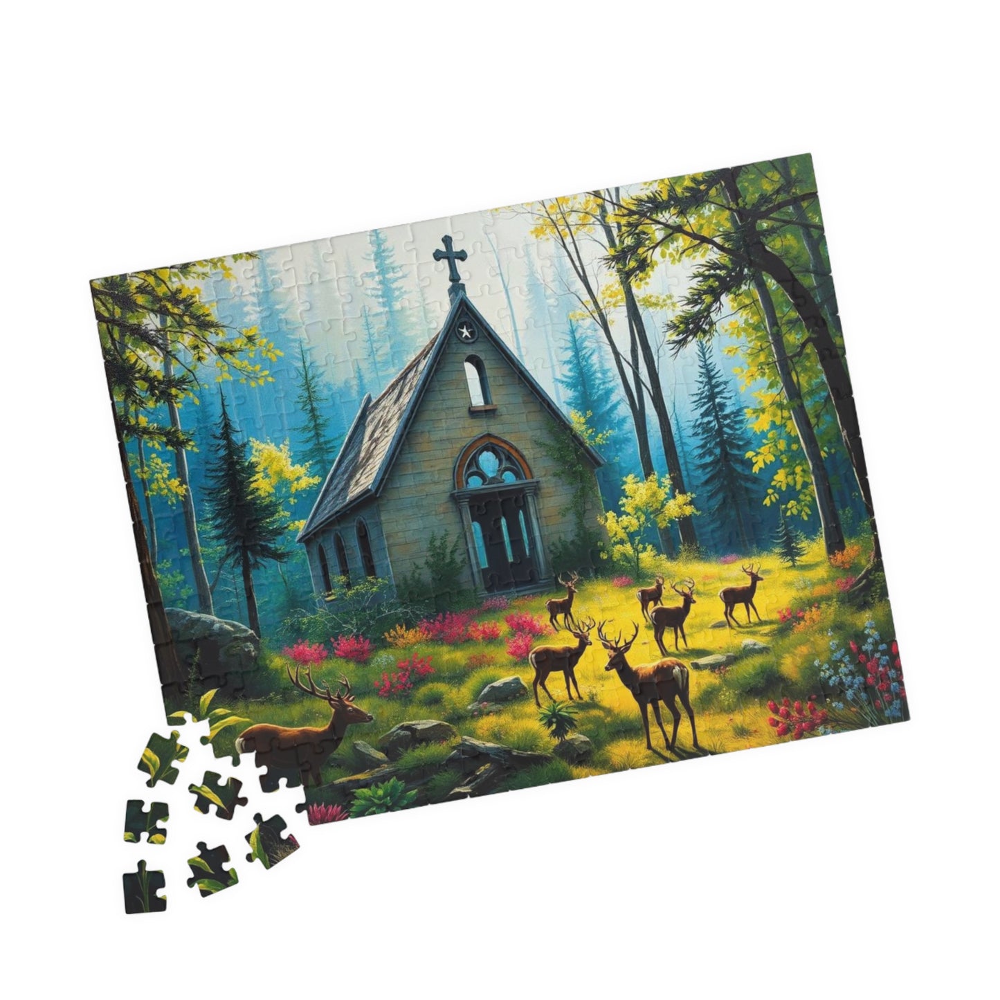 Sancturary Reclaimed Jigsaw Puzzle - Collapsed Chapel in Forest, Deer Puzzle, Gothic Puzzle, Serene Nature Puzzle, Wildlife Art Print Puzzle The Puzzle Chest