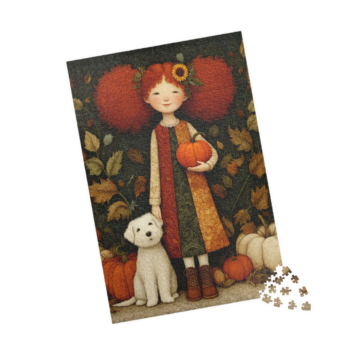 Pumpkin Patch Storybook Fairy-Tale Puzzle – Red-Haired Girl and White Terrier in a Whimsical Autumn Scene 1014 pcs (Vertical) Puzzle The Puzzle Chest