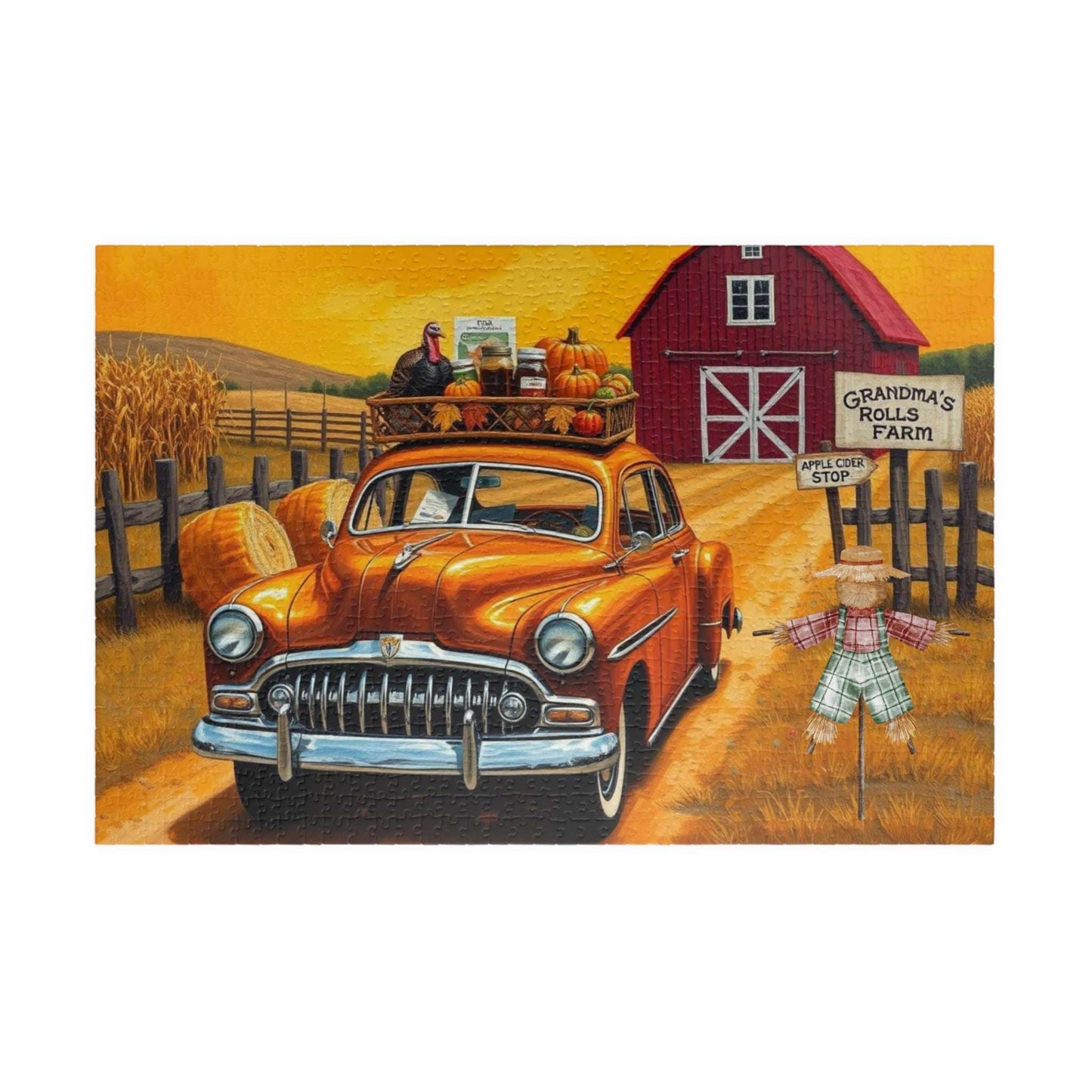Autumn Farm Vintage Car Puzzle - 110, 252, 520, 1014-piece, Family Game, Fall Holiday Birthday Gift for Car Lovers, Puzzle Enthusiasts