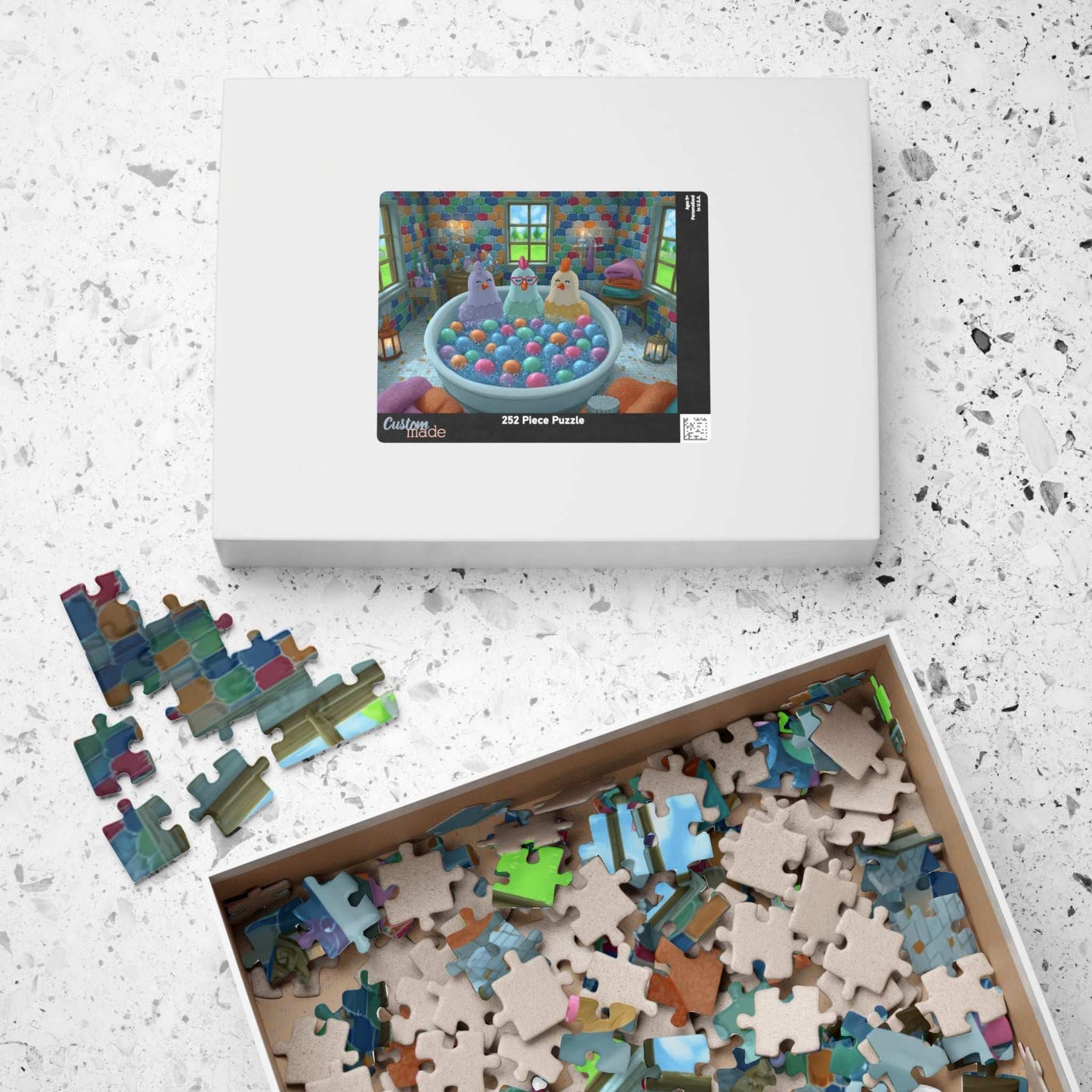 Pastel Chicken Bathhouse Jigsaw Puzzle – Adorable Fairy Tale Chickens Soaking in Rainbow Bubble Tub Puzzle The Puzzle Chest