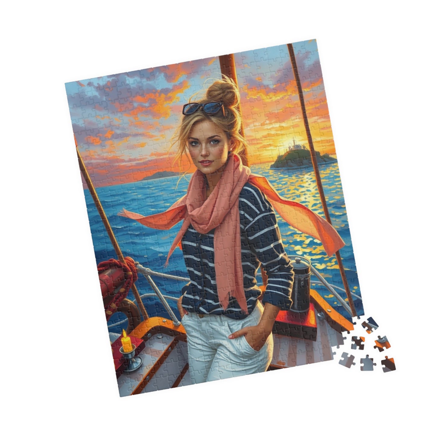 Jigsaw Puzzle, Woman on Sailboat Bow, 110 252 520 1014 Piece, Navy Striped Shirt, White Pants, Blonde Hair, Messy Bun, Fair-skinned Lady, Puzzle The Puzzle Chest