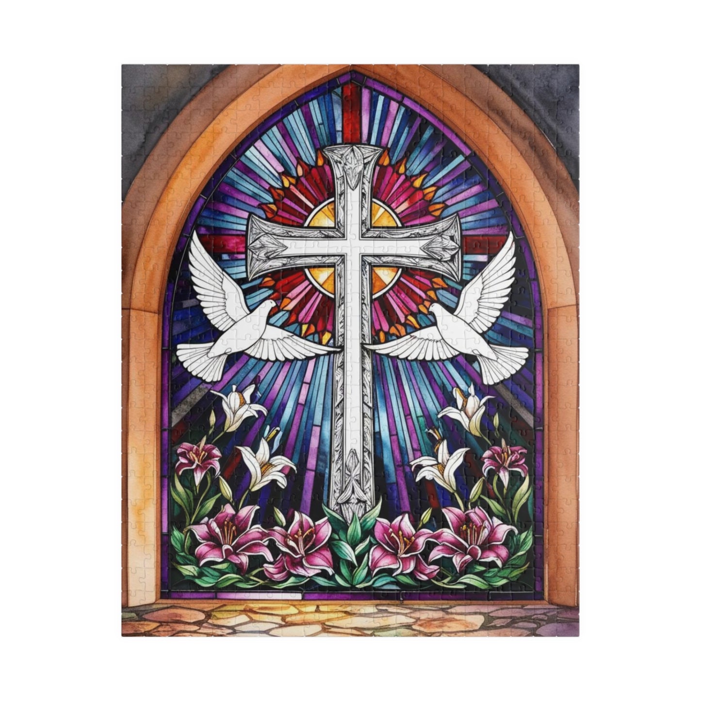 Stained Glass Cross Puzzle, Dove and Lily Flower Design, Faith-Based Christian Jigsaw Game for Adults, Mindful Hobby Gift for Puzzle Lover
