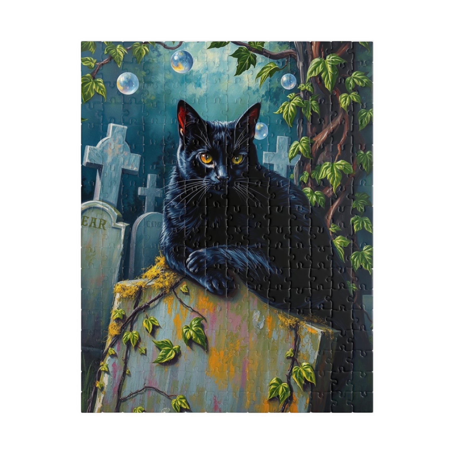 Gothic Puzzle, Black Cat Rests on Moss-Covered Tombstone, Eerie Atmosphere, Halloween Jigsaw Game, Spooky Home Decor, Creepy Cat Lover Gift 252 pcs (Vertical) Puzzle The Puzzle Chest