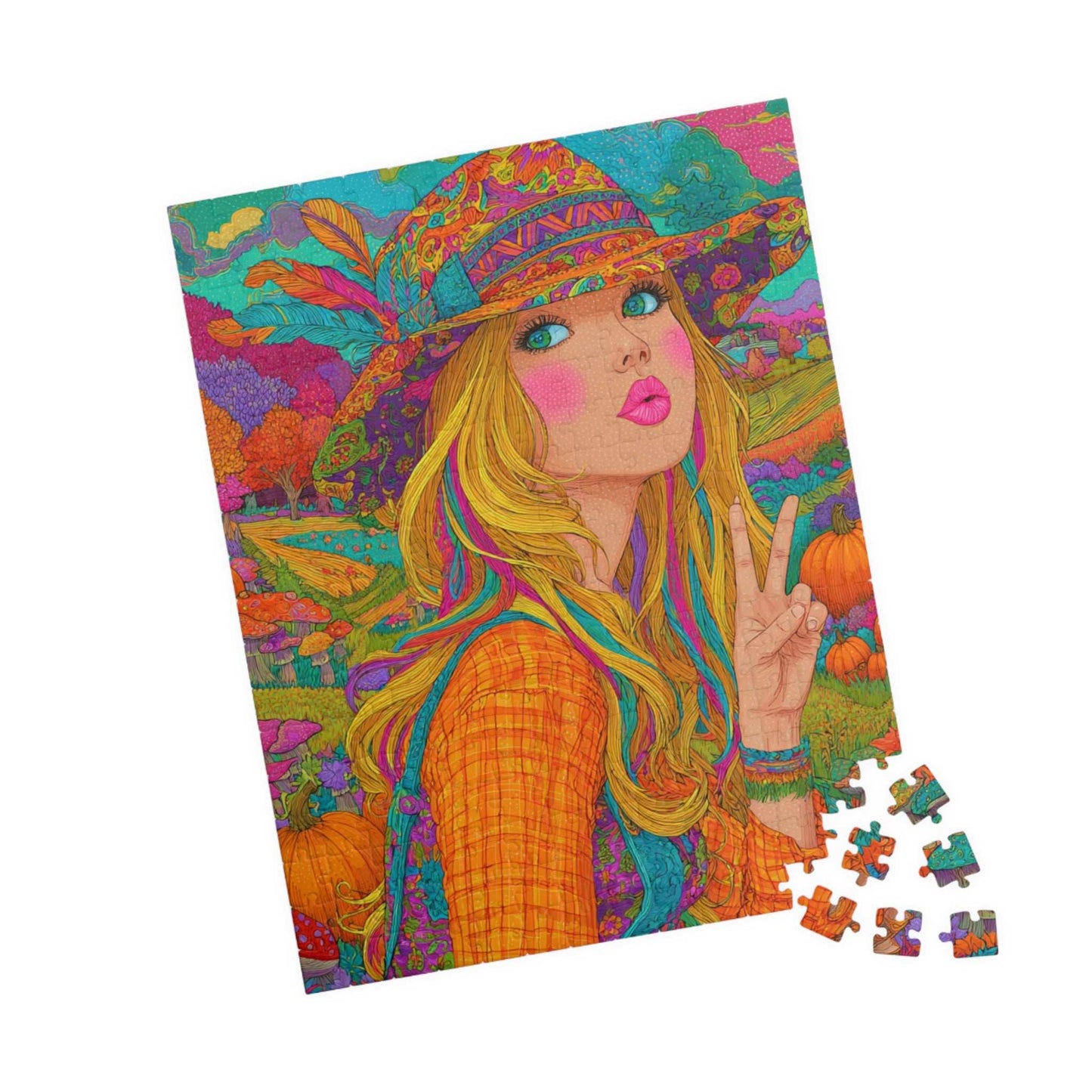 Retro Psychedelic Cowgirl Jigsaw Puzzle - Autumn Themed Cartoon Illustration, Artsy Gifts, Recreational Activities, Cozy Nights, Family Time 252 pcs (Vertical) Puzzle The Puzzle Chest