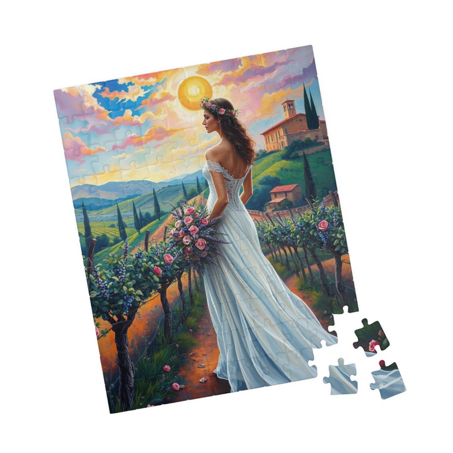 Whimsical Italian Bride Jigsaw Puzzle, White Gown Floral Crown Rose Bouquet, Tuscan Vineyard Romantic Wedding, Modern Art Lover Unique Gift Puzzle The Puzzle Chest
