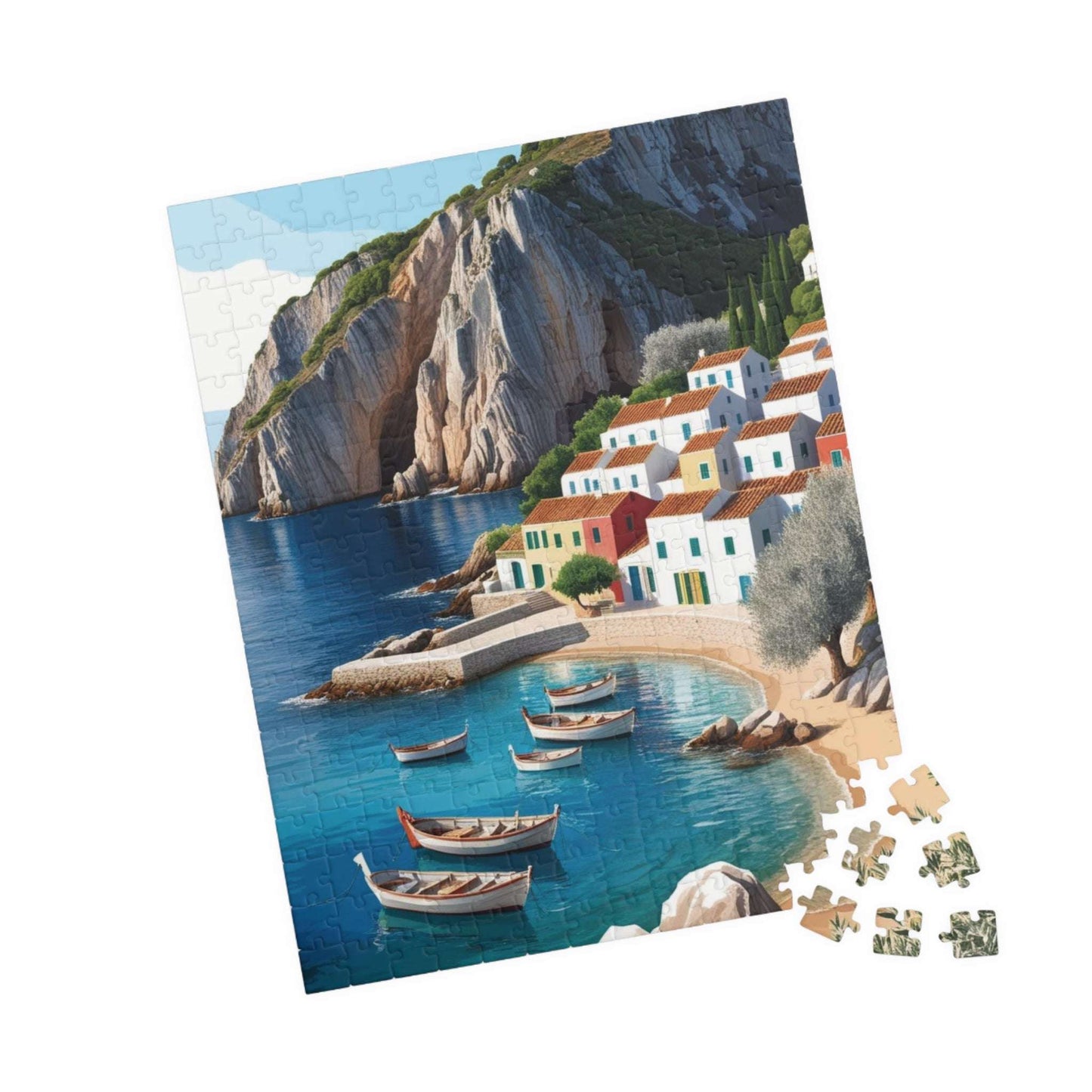 Mediterranean Fishing Village Landscape Jigsaw Puzzle - Scenic Seaside Ocean View Puzzle The Puzzle Chest