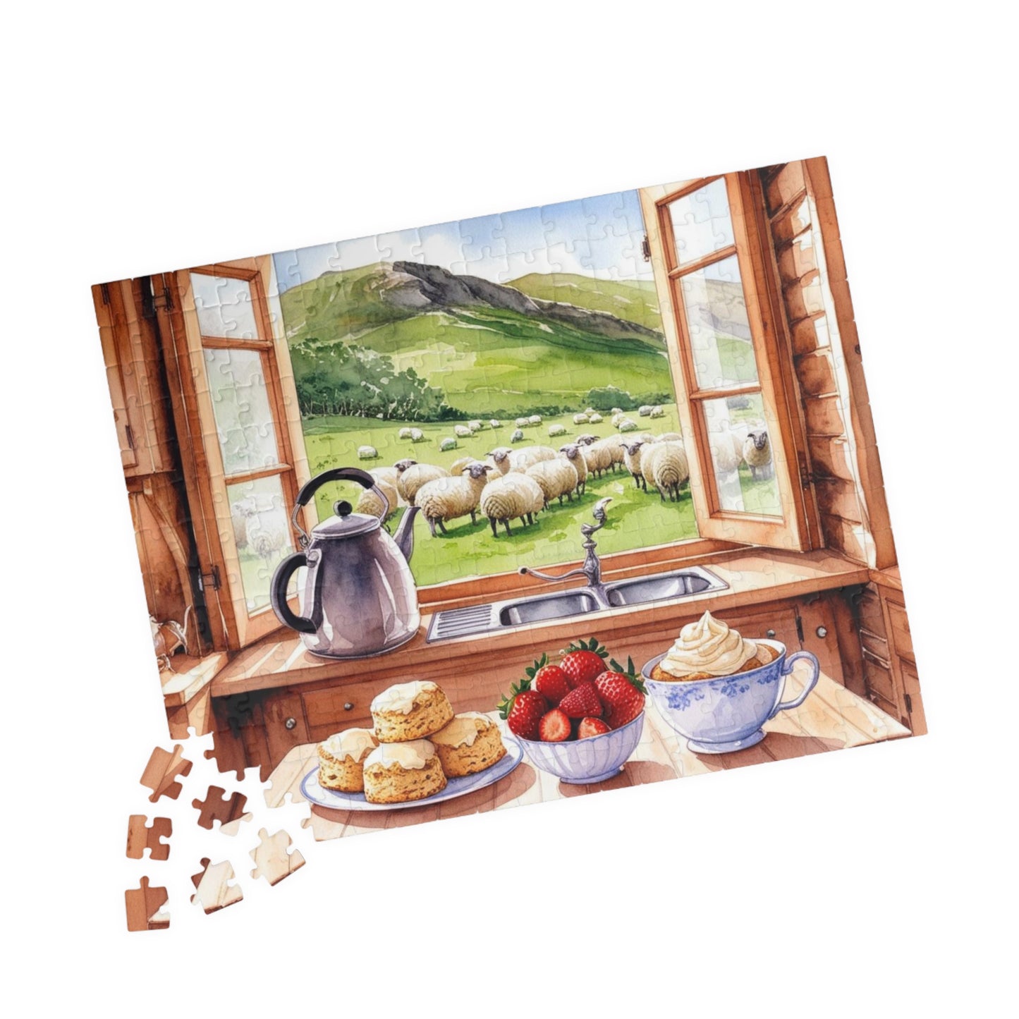Alpine Backdrop Kitchen Puzzle (110-1014 Piece), Tea and Scones Foodie Jigsaw, Nature and Food Theme Game, Quiet Leisure Activity, Hobby Puzzle The Puzzle Chest