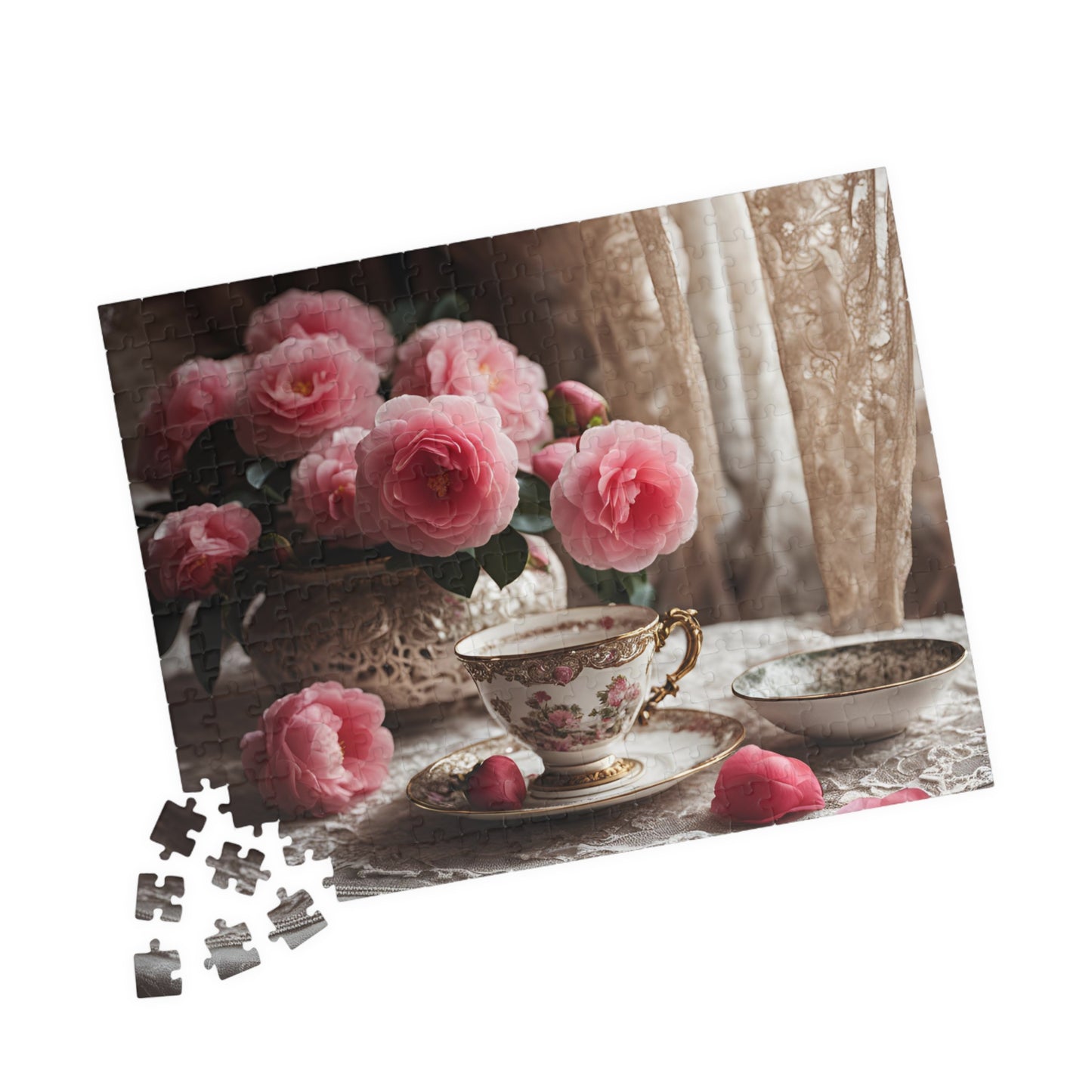 Jigsaw Puzzle, Teatime Vintage Image with Teacup and Carnations, Adult Tabletop Game, Brain Teaser, Creative Pastime, Gift for Puzzle Lover Puzzle The Puzzle Chest