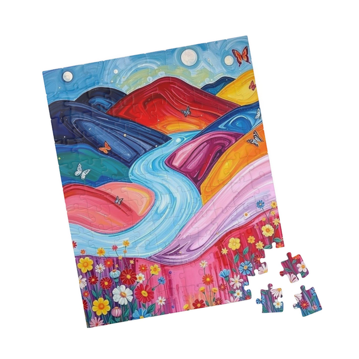 Pastel Petals - River Through Candy Hill Jigsaw Puzzle Colleciton, Beautiful Nature Puzzle, Colorful Landscape Art, Puzzle Lover Gift, Family Fun, 110/252/520/1014 Puzzle The Puzzle Chest
