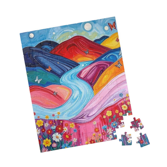 Pastel Petals - River Through Candy Hill Jigsaw Puzzle Colleciton, Beautiful Nature Puzzle, Colorful Landscape Art, Puzzle Lover Gift, Family Fun, 110/252/520/1014 110 pcs (Vertical) Puzzle The Puzzle Chest