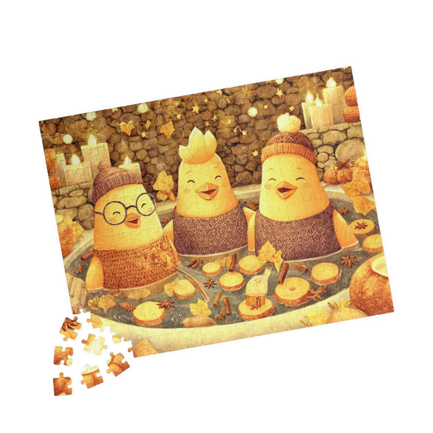 Pumpkin Spice Spa Chickens Puzzle – Cozy Fall Fairy-Tale Jigsaw, Autumn Fun Family Game, Cute Chick Characters 252 pcs (Horizontal) Puzzle The Puzzle Chest