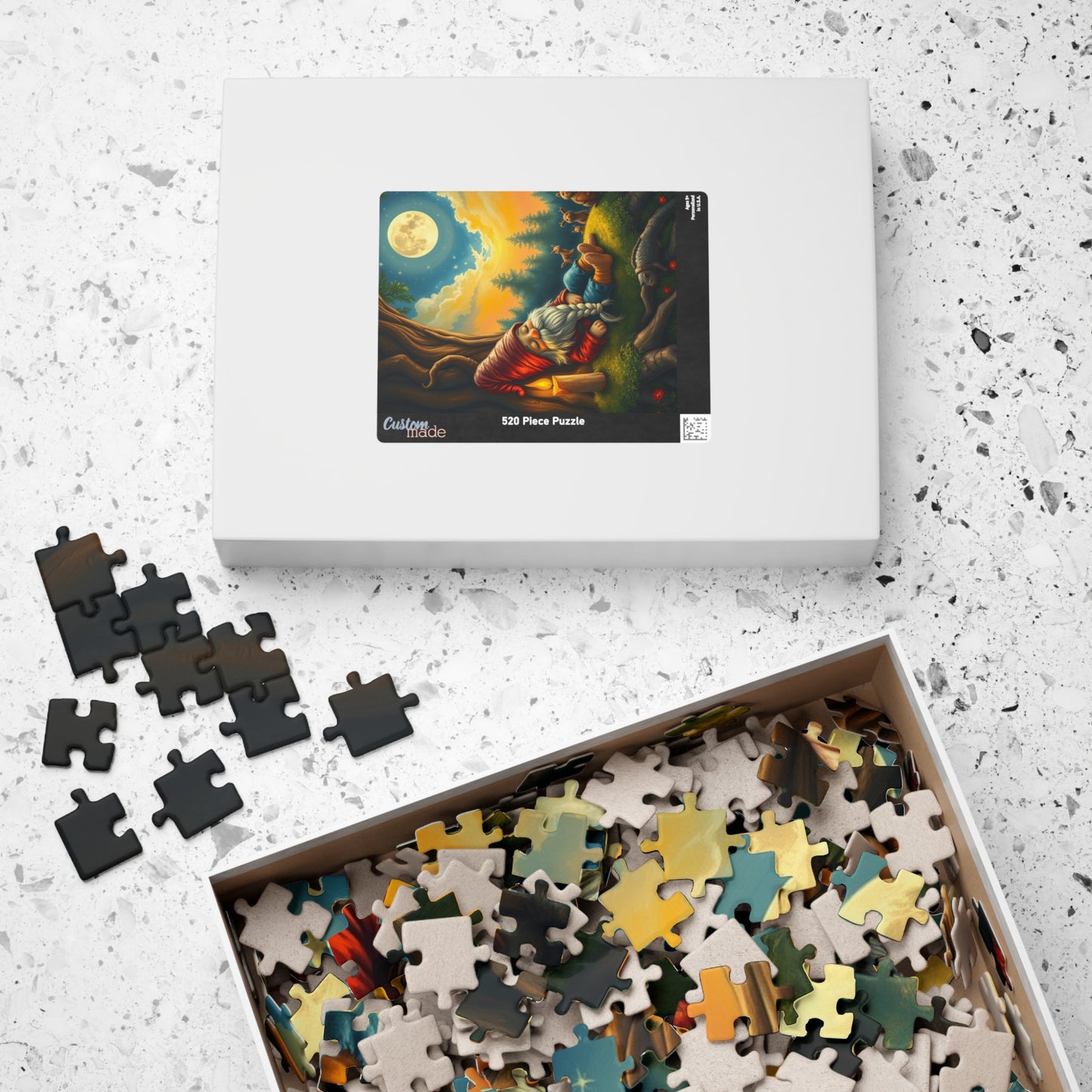 Slumbering Gnome Under the Moonlight Puzzle, Sleepy Gnome Night Scene Animals and Starry Sky, Fantasy Jigsaw Game, Mindful Puzzle Lover Gift Puzzle The Puzzle Chest