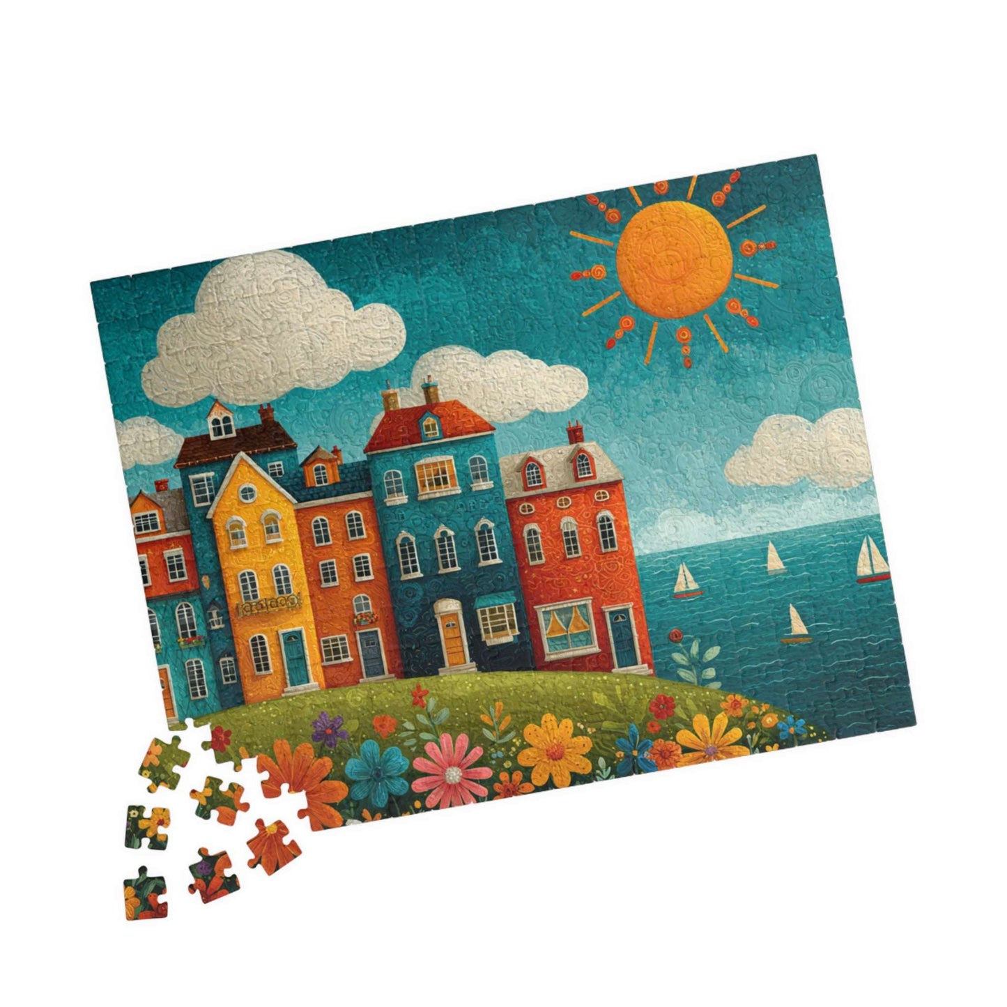 Seaside Village Jigsaw Puzzle - Coastal Ocean Scene, Colorful Beach Town with Bright Flowers, Sailboats, and Sun 252 pcs (Horizontal) Puzzle The Puzzle Chest