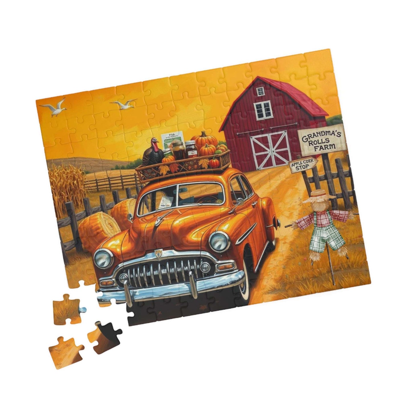 Autumn Farm Vintage Car Puzzle - 110, 252, 520, 1014-piece, Family Game, Fall Holiday Birthday Gift for Car Lovers, Puzzle Enthusiasts