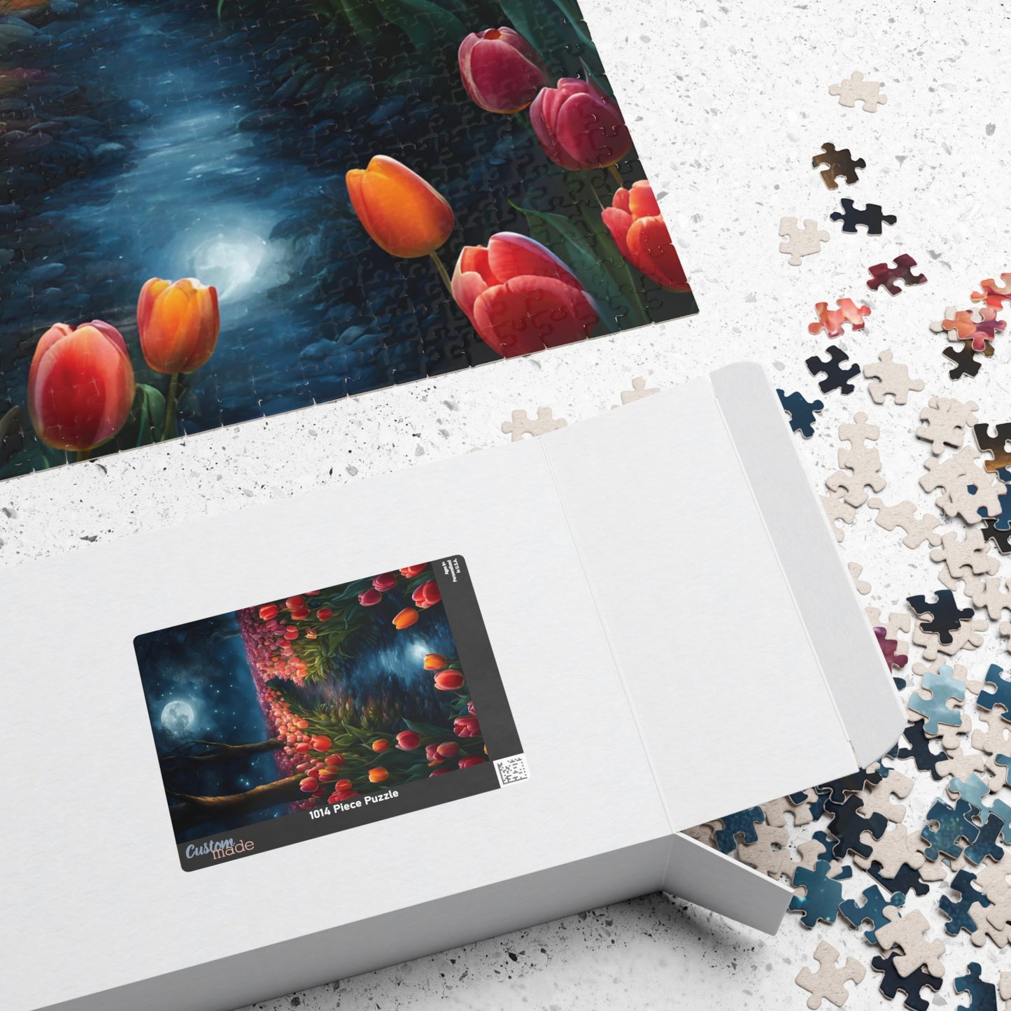 Magical Nighttime Tulip Puzzle, Peaceful Floral Scene Under the Moon, Glowing Flowers and Tranquil River Jigsaw Game, Gift for Nature Lover Puzzle The Puzzle Chest