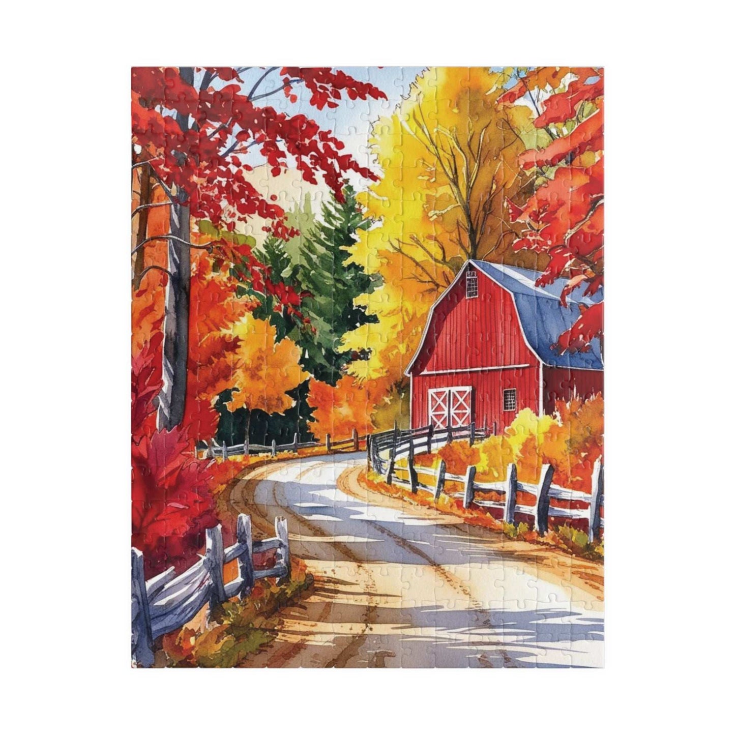 Classic New England Fall Landscape Puzzle, Scenic Winding Road and Barn, Vibrant Foliage and Wooden Fence, Ideal Gift for Nature Art Lover 252 pcs (Vertical) Puzzle The Puzzle Chest