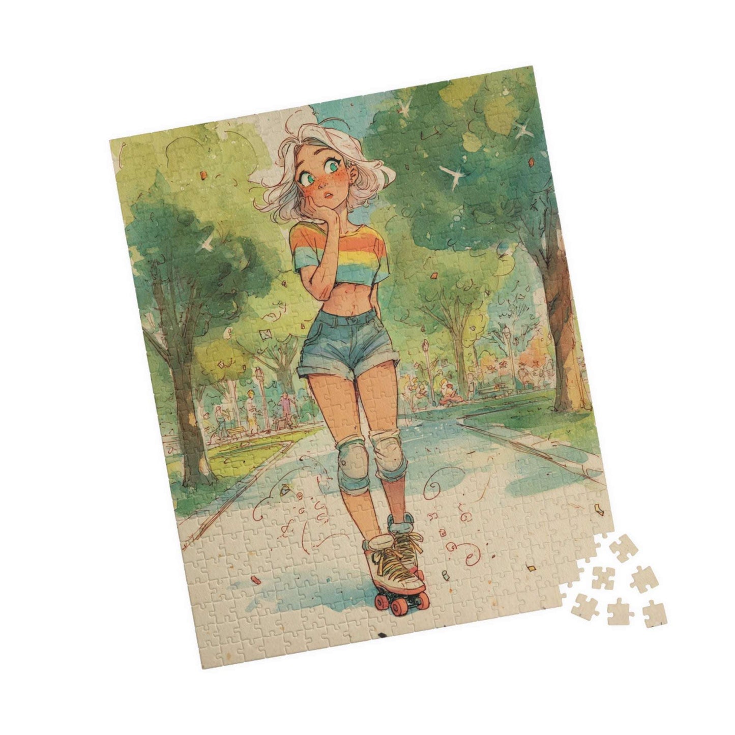Funny Roller Skating Cartoon Puzzle for Teens and Adults – Woman Skating Summer Park Scene, Whimsical Watercolor Style 520 pcs (Vertical) Puzzle The Puzzle Chest