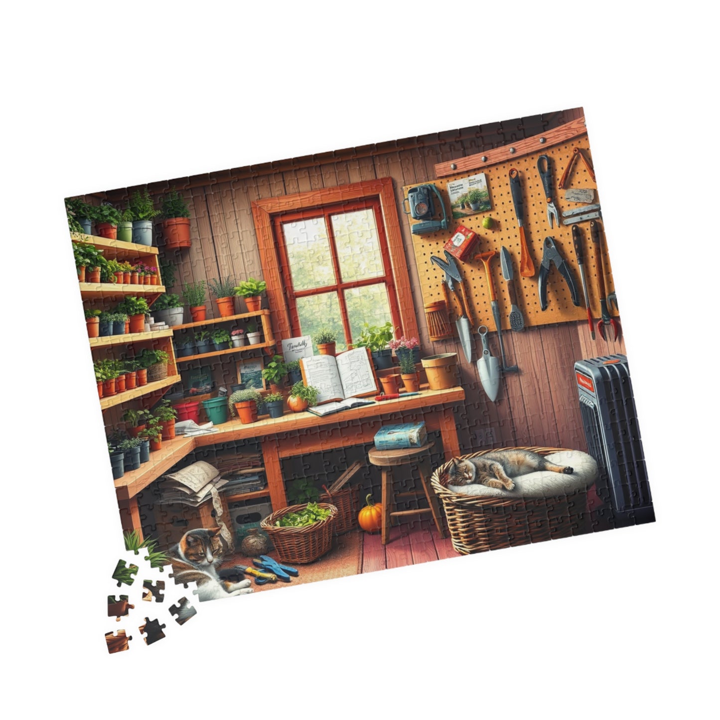 Quaint Garden Workshop Puzzle with Herbs, Tools, and Tabby Cats, Challenging Jigsaw Game, Plant Gardening Lover Best Unique Gift, Mindful Puzzle The Puzzle Chest