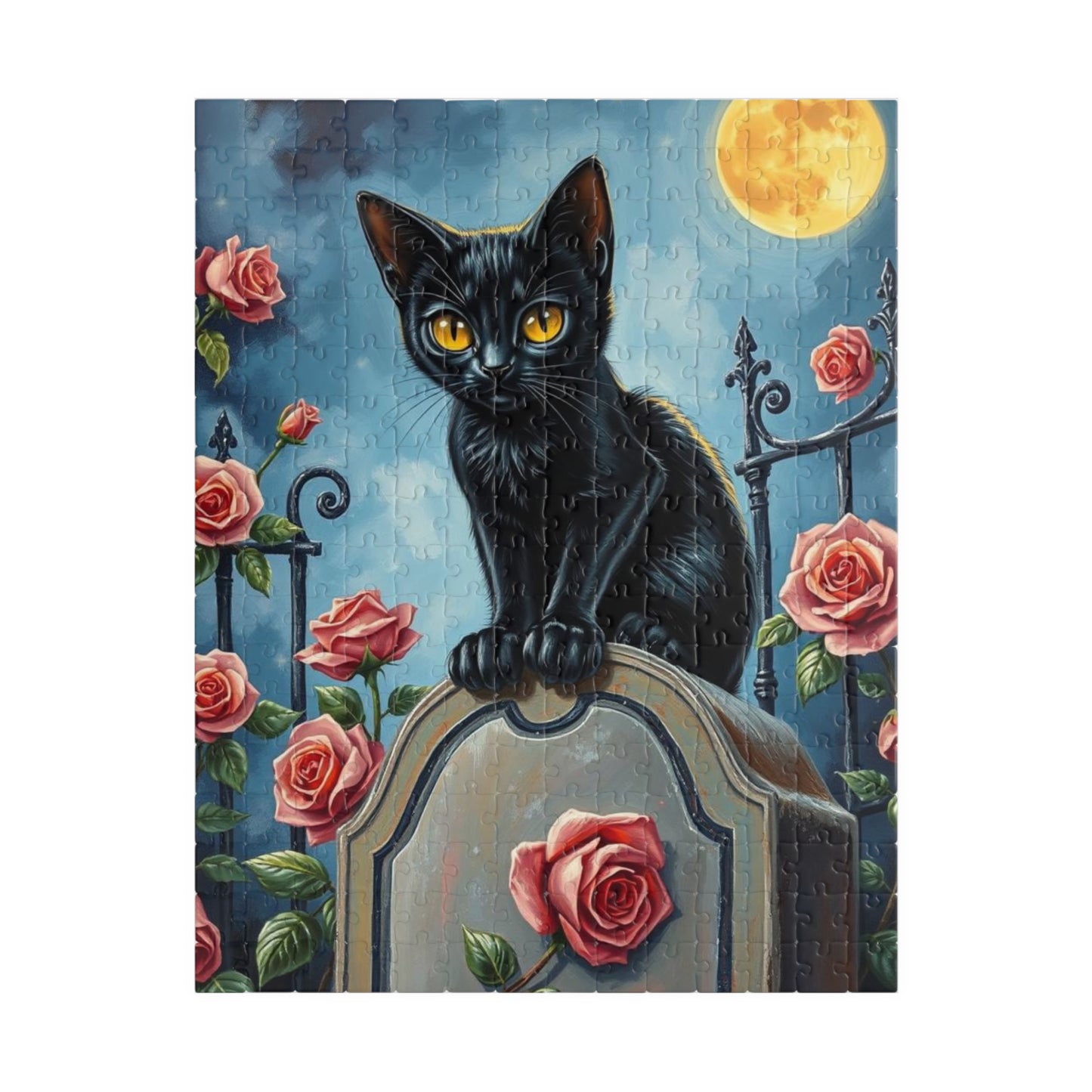 Graveyard Night Stalker Jigsaw Puzzle - Black Cat on Moonlight Gravestone, Halloween Game, Gift for Cat Lover, Challenging Family Activity
