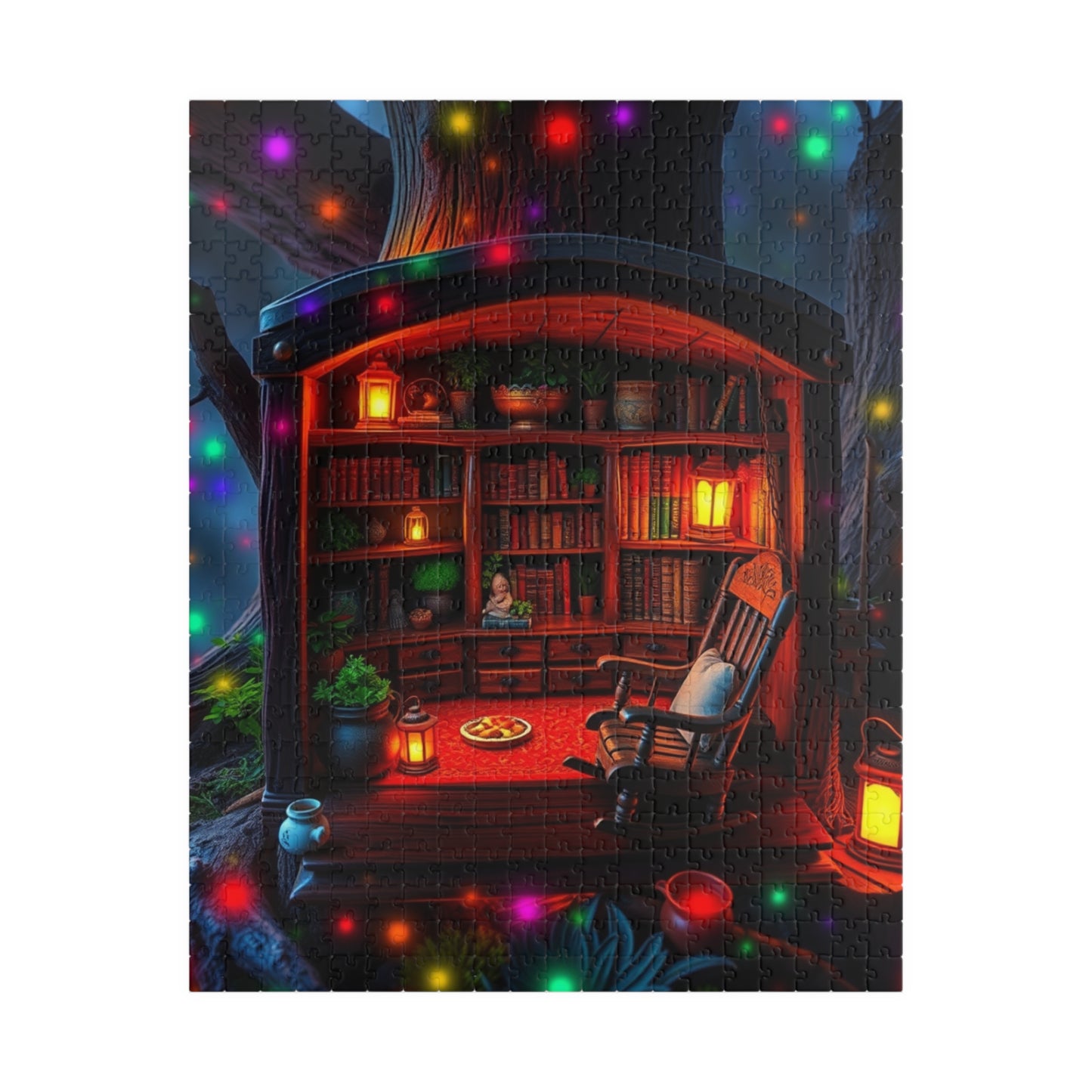 Bioluminescent Gnome Home Puzzle, Enchanted Fantasy Cozy Lantern-Lit Oak Tree Trunk House Jigsaw Game, Perfect for Puzzle Lovers Enthusiasts 520 pcs (Vertical) Puzzle The Puzzle Chest