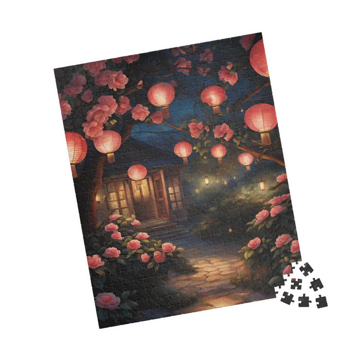 Cottage Landscape Jigsaw Puzzle, Nature-Inspired Floral Flower Design, Nighttime Lanterns and Camellias, Relaxing Hobby, Family Game Night Puzzle The Puzzle Chest