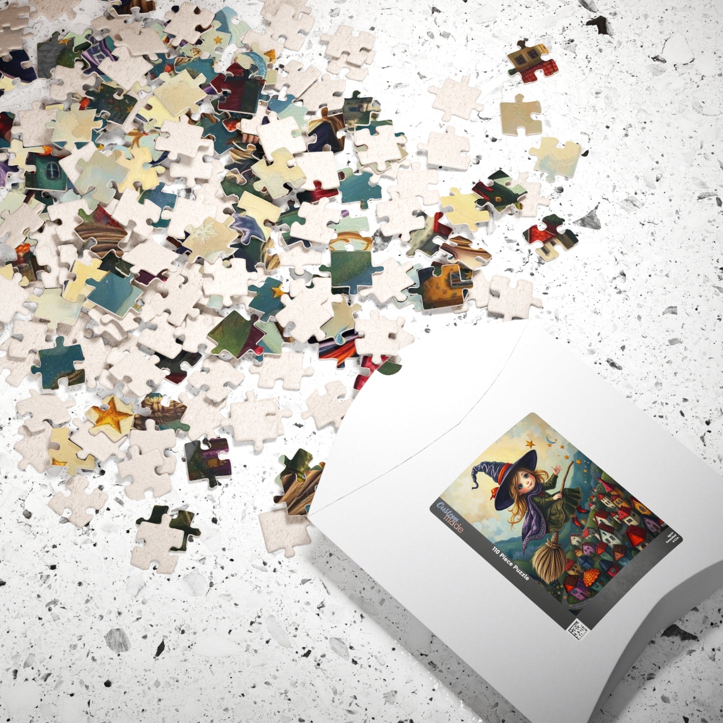 Friendly Flying Folklore - Whimsical Halloween Witch Jigsaw Puzzle, Folk Art Gift for Adult Puzzle Lover Family Game Night Indoor Activity