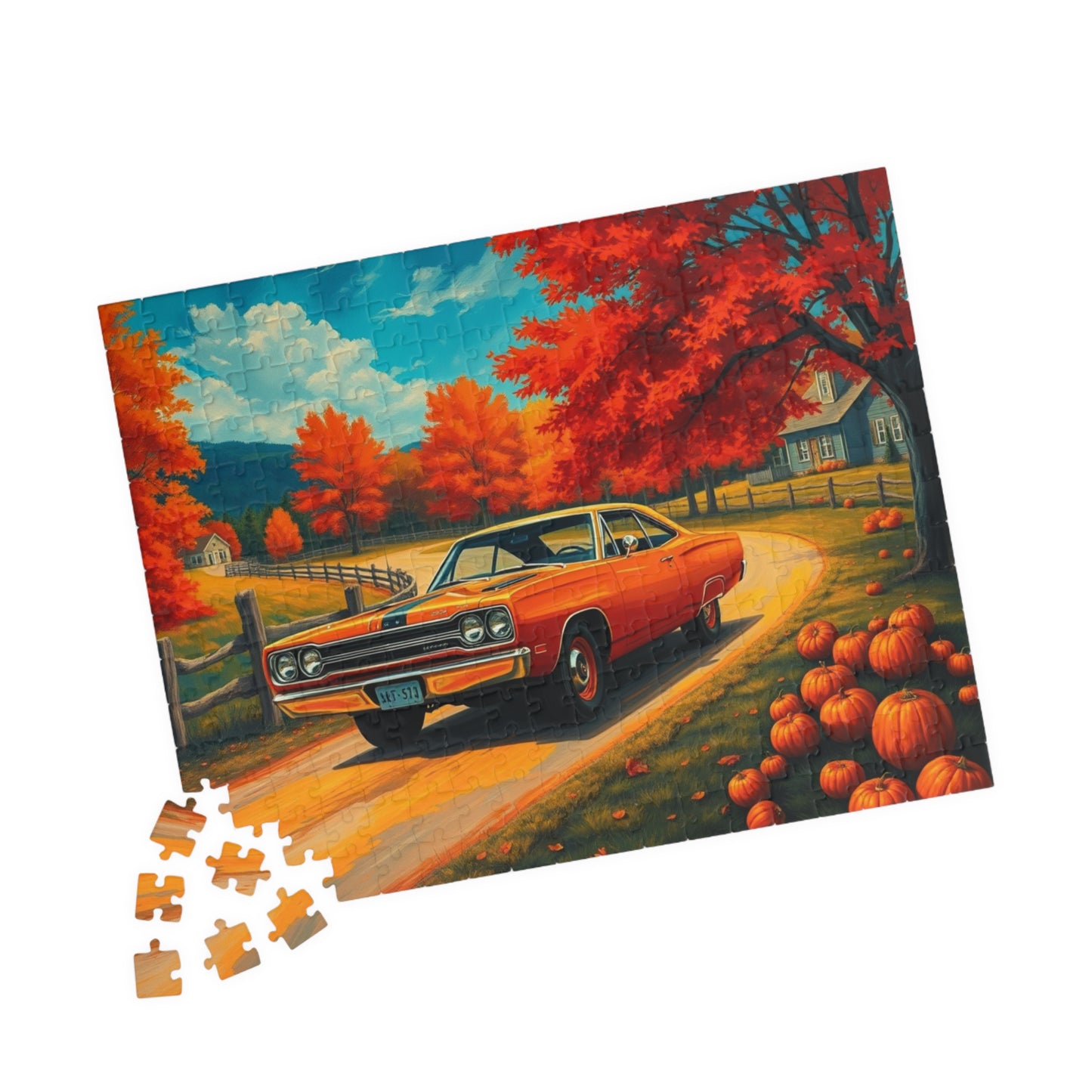 Autumn Vintage Car Puzzle, Orange 1969 Plymouth Road Runner, Retro Auto Jigsaw Game, Relaxing Fall Vibes, Gift for Car Lovers, Solo Fun Puzzle The Puzzle Chest