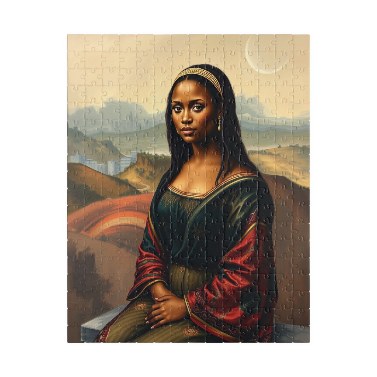 African American Woman Mona Lisa-Inspired Puzzle, Rolling Hills and Cityscape Background Jigsaw Game, Mindful Activity, Puzzle Lover Gift