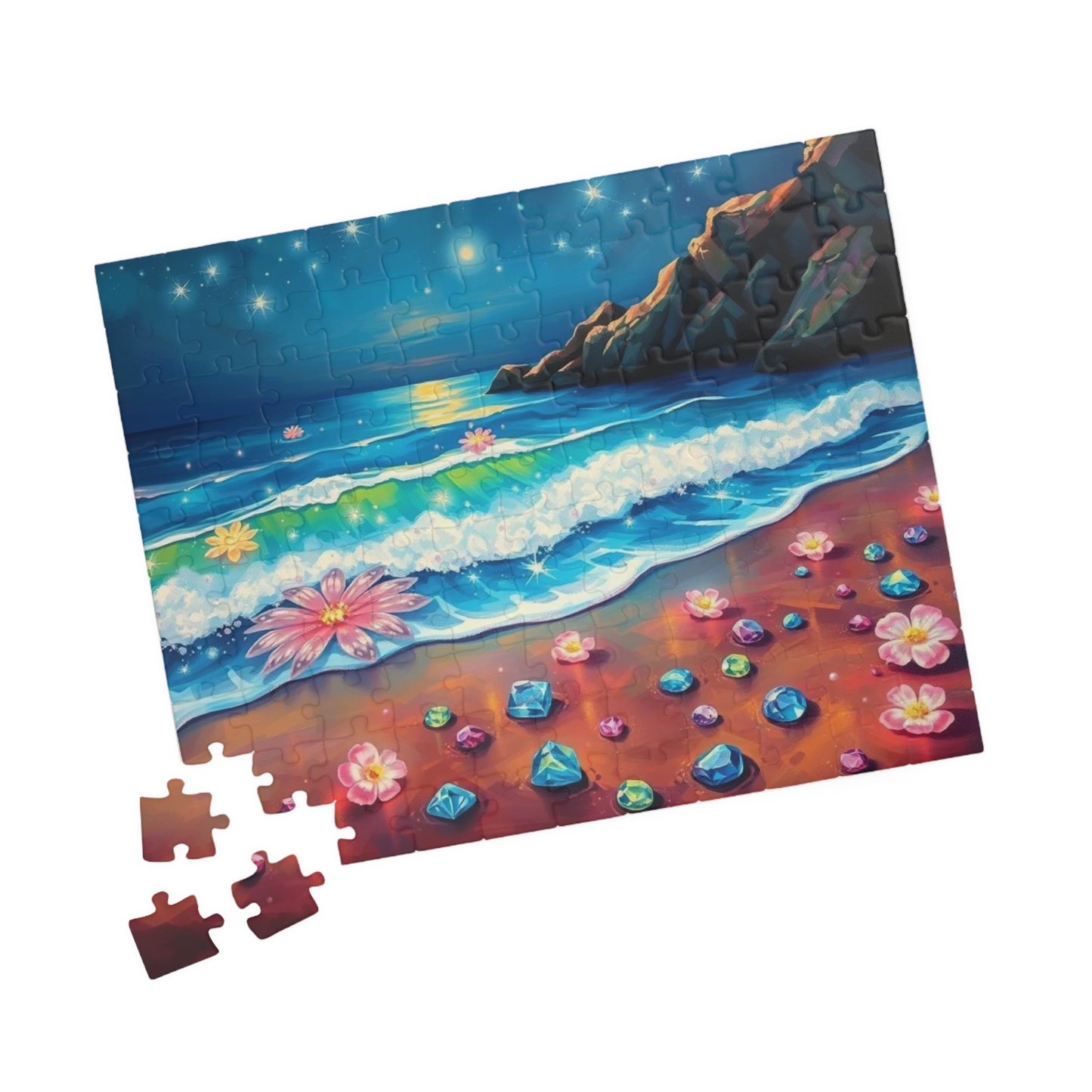 Lotus Shoreline Dreams - Surreal Beach Jigsaw Puzzle with Gems and Water Lilies, Gift for Ocean Lover, Coastal Home Décor, Family Activity Puzzle The Puzzle Chest