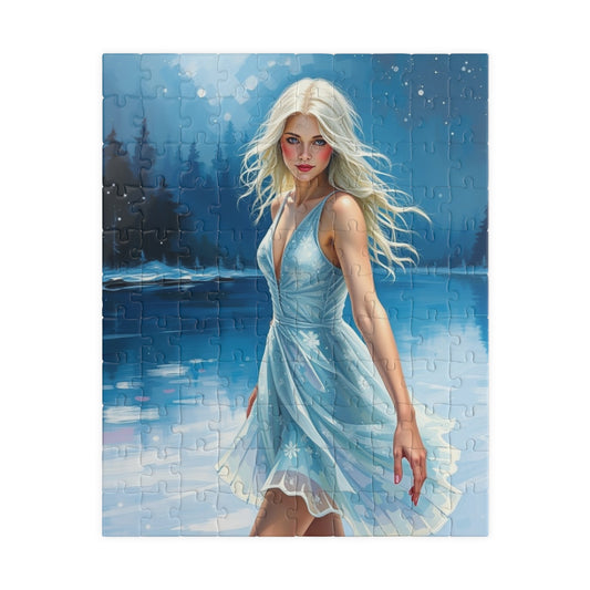 Puzzle - Ice Skating Woman on Frozen Lake, 110, 252, 520, 1014-piece Jigsaw, Sparkling Silver Skating Dress, Winter Activity, Relaxing 110 pcs (Vertical) Puzzle The Puzzle Chest