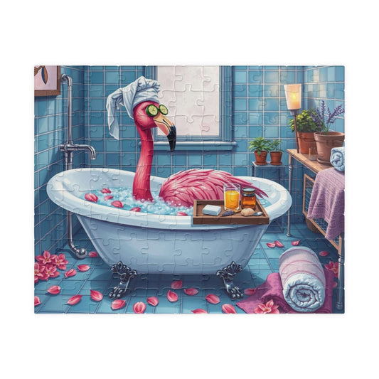 Flamingo Spa Retreat - Cozy Bathroom Puzzle for Adults, Fun Bath Time Art Jigsaw 110 pcs (Horizontal) Puzzle The Puzzle Chest