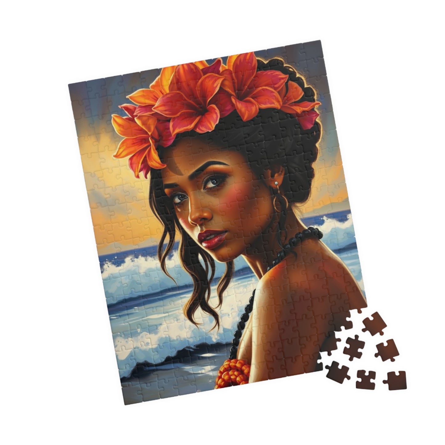 Close-Up Portrait Puzzle of Polynesian Woman, Beach Background Floral Crown Ocean Waves, Cultural Art Family Jigsaw Game, Puzzle Lover Gift Puzzle The Puzzle Chest