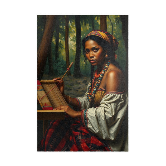 Puzzle of Indigenous Woman Weaving on a Loom in Nature, Cultural Ethnic Art Forest Scene, Family Friendly Jigsaw Game, Puzzle Lover Gift 1014 pcs (Vertical) Puzzle The Puzzle Chest