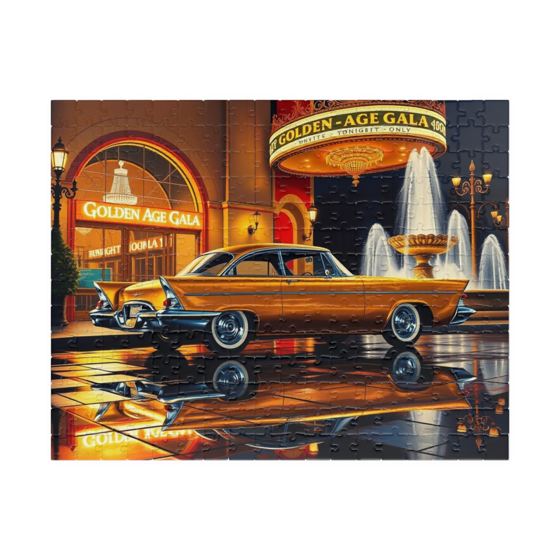 Vintage Car Puzzle - Classic Gold 1957 300C, Retro Vehicle Nighttime Scene Jigsaw Game 252 pcs (Horizontal) Puzzle The Puzzle Chest