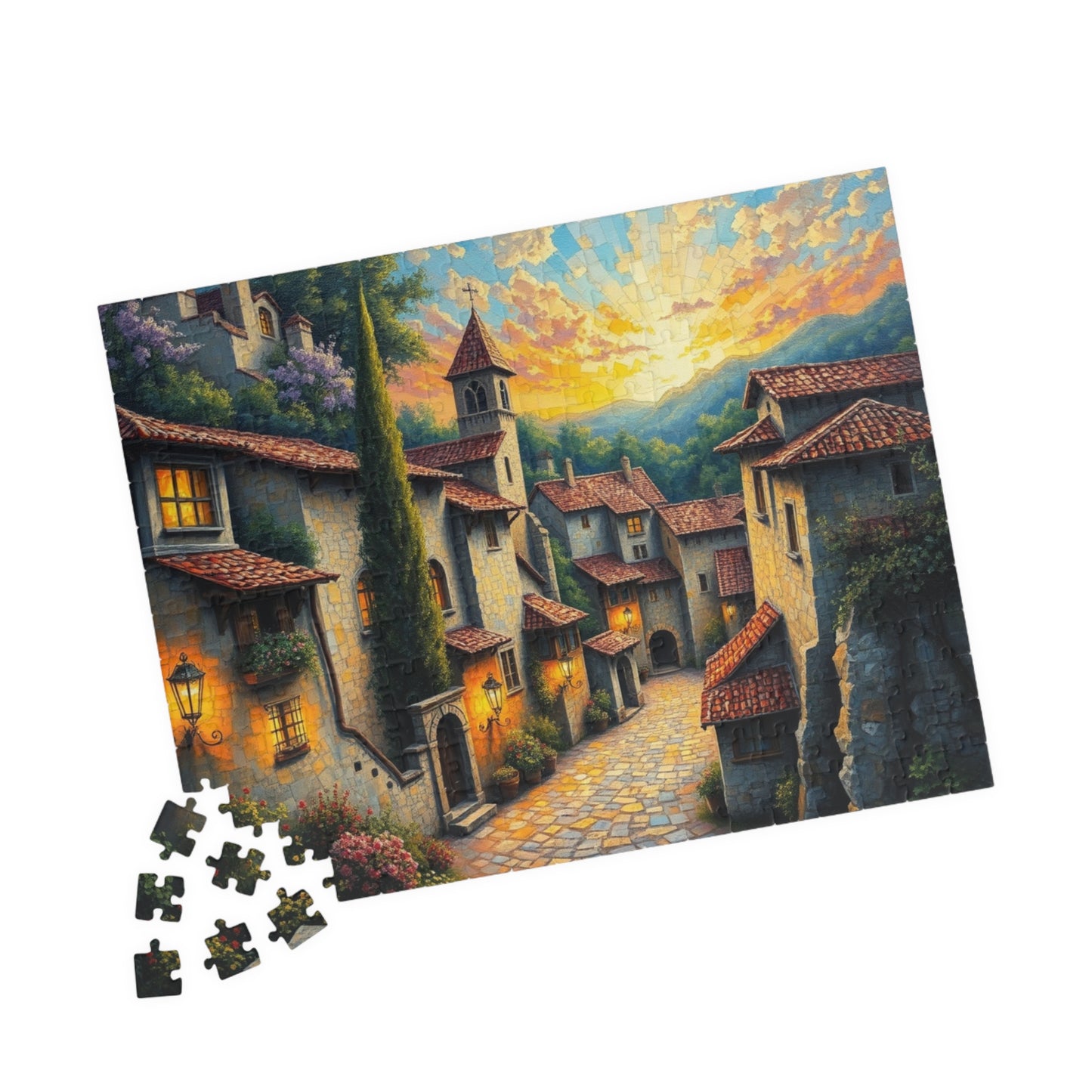 Charming Old-World Village Puzzle, Quaint European Medieval Town Jigsaw Game Mosaic Design, Family Game Night Bonding Activity, Mindful Gift The Puzzle Chest
