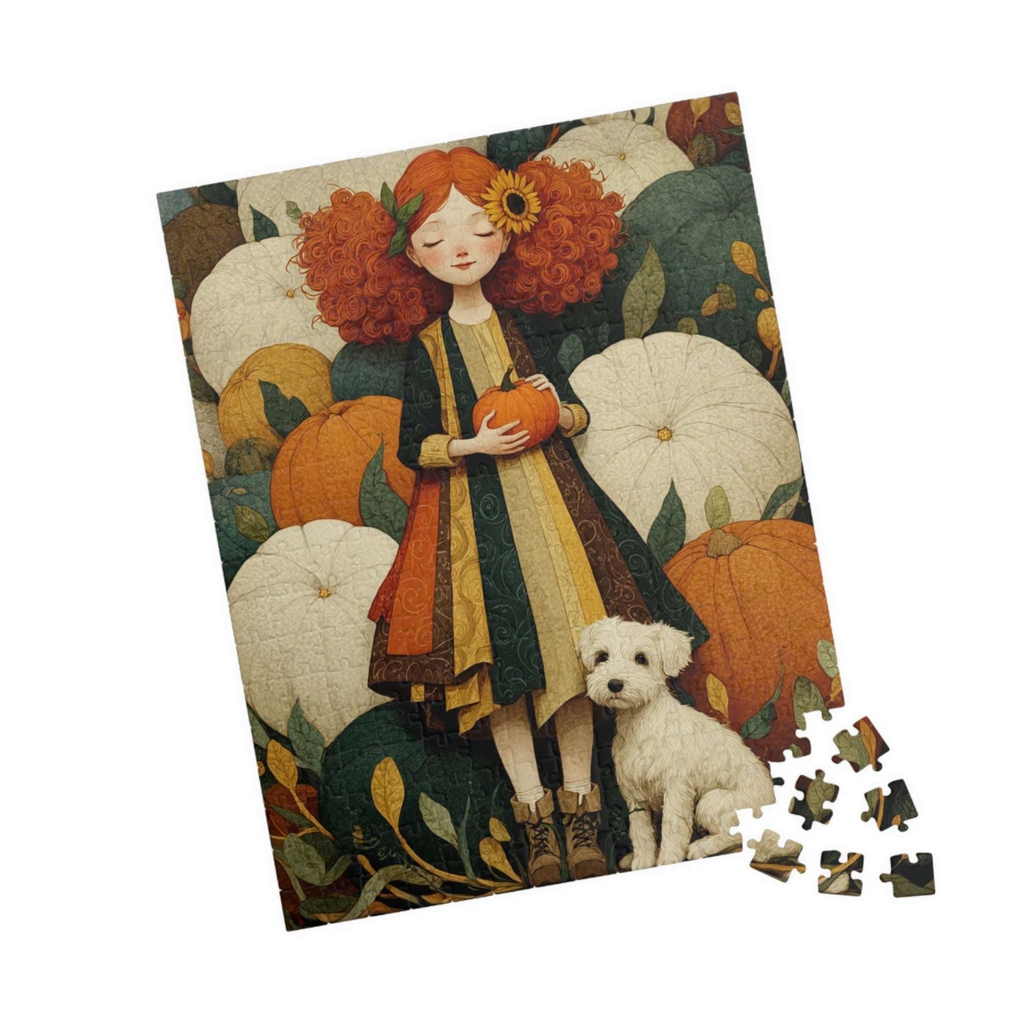 Red-Haired Girl and White Terrier in a Storybook Pumpkin Patch Fairy-Tale Jigsaw Puzzle 252 pcs (Vertical) Puzzle The Puzzle Chest